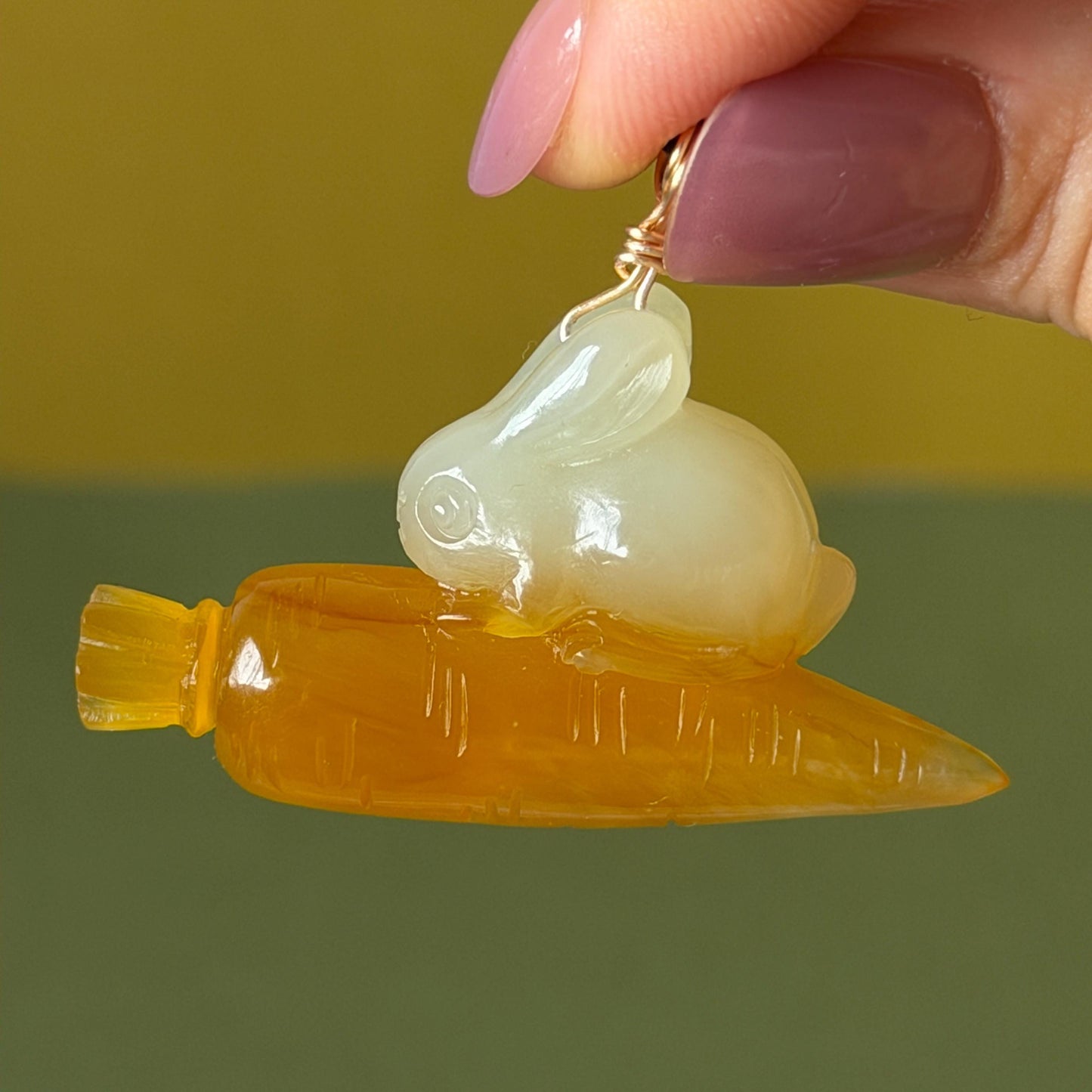 Xiu Jade Rabbit & Carrot Hand Carved Pendant Adjustable Necklace: Certified Natural Serpentine Orange White Jade Handcrafted Charm 3D Stone Carving  rabbit carving bunny carving rabbit pendant bunny charm carrot pendant raddish pendant adjustable necklace choker jade with certificate untreated jade lucky charm rabbit lover gift bunny lover gift handcrafted jade white jade carving orange jade icy jade
