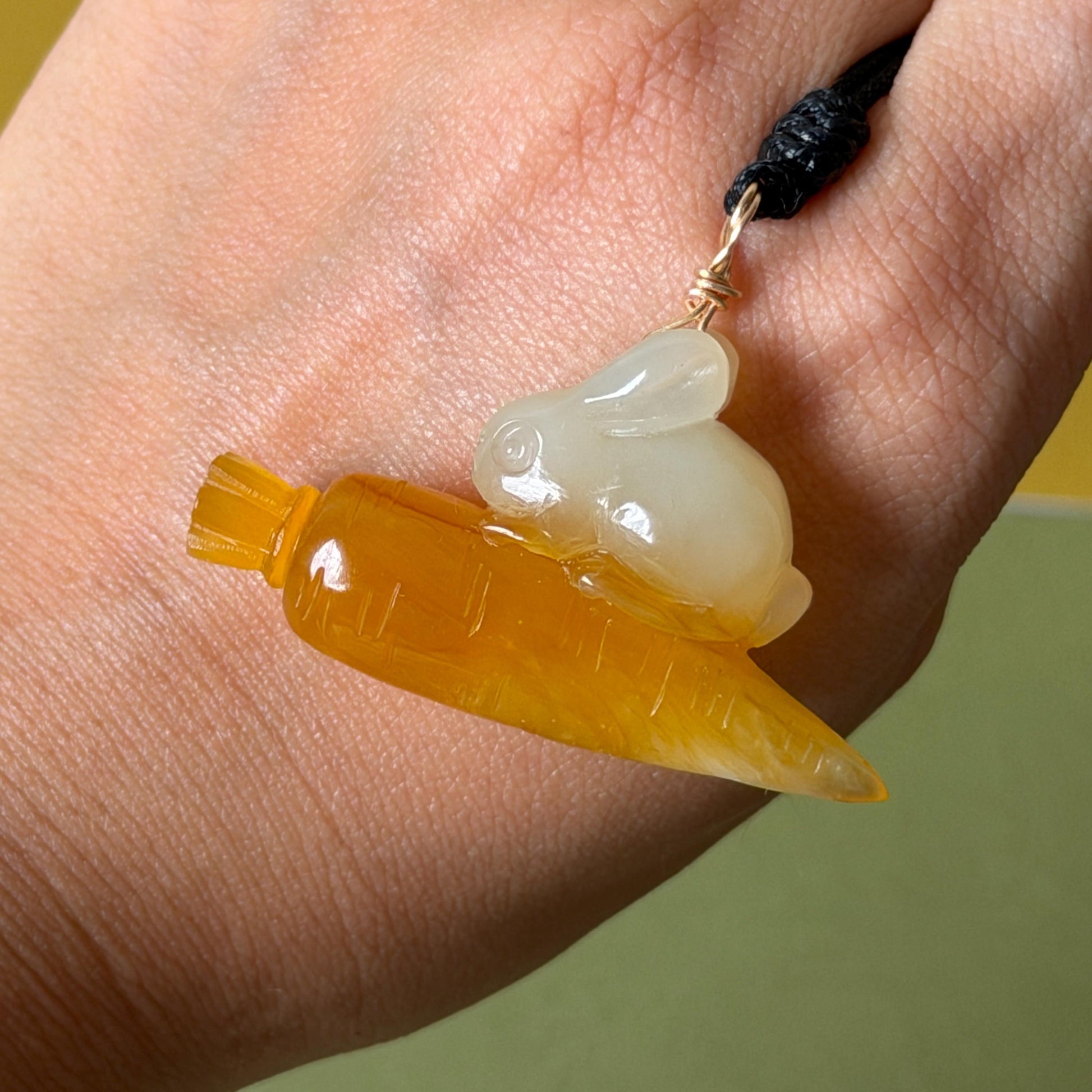 Xiu Jade Rabbit & Carrot Hand Carved Pendant Adjustable Necklace: Certified Natural Serpentine Orange White Jade Handcrafted Charm 3D Stone Carving  rabbit carving bunny carving rabbit pendant bunny charm carrot pendant raddish pendant adjustable necklace choker jade with certificate untreated jade lucky charm rabbit lover gift bunny lover gift handcrafted jade white jade carving orange jade icy jade