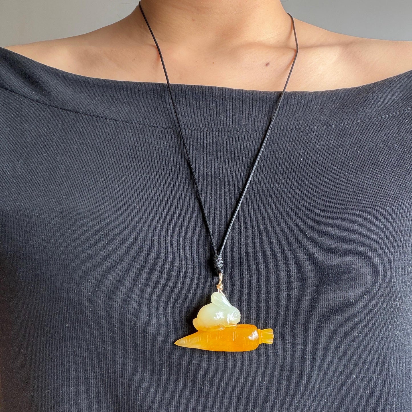 Xiu Jade Rabbit & Carrot Hand Carved Pendant Adjustable Necklace: Certified Natural Serpentine Orange White Jade Handcrafted Charm 3D Stone Carving  rabbit carving bunny carving rabbit pendant bunny charm carrot pendant raddish pendant adjustable necklace choker jade with certificate untreated jade lucky charm rabbit lover gift bunny lover gift handcrafted jade white jade carving orange jade icy jade