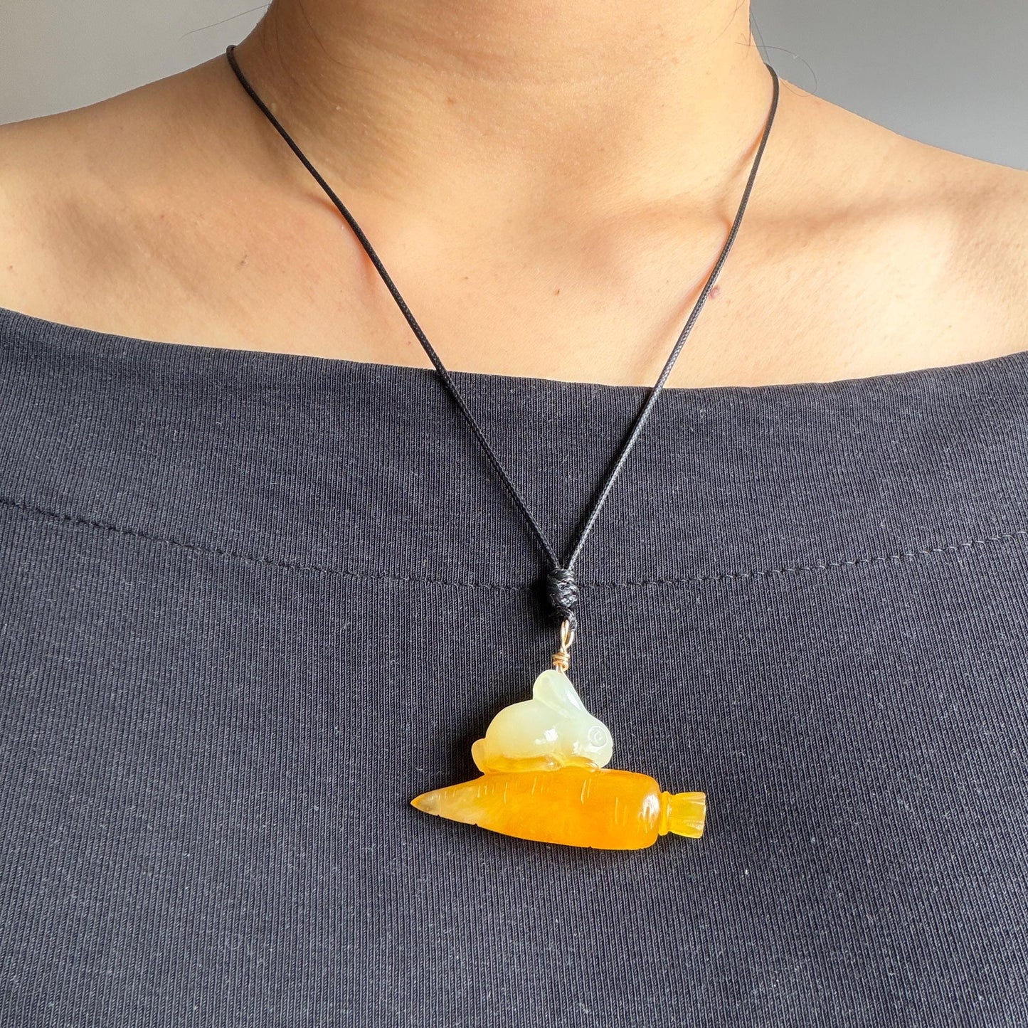 Xiu Jade Rabbit & Carrot Hand Carved Pendant Adjustable Necklace: Certified Natural Serpentine Orange White Jade Handcrafted Charm 3D Stone Carving  rabbit carving bunny carving rabbit pendant bunny charm carrot pendant raddish pendant adjustable necklace choker jade with certificate untreated jade lucky charm rabbit lover gift bunny lover gift handcrafted jade white jade carving orange jade icy jade