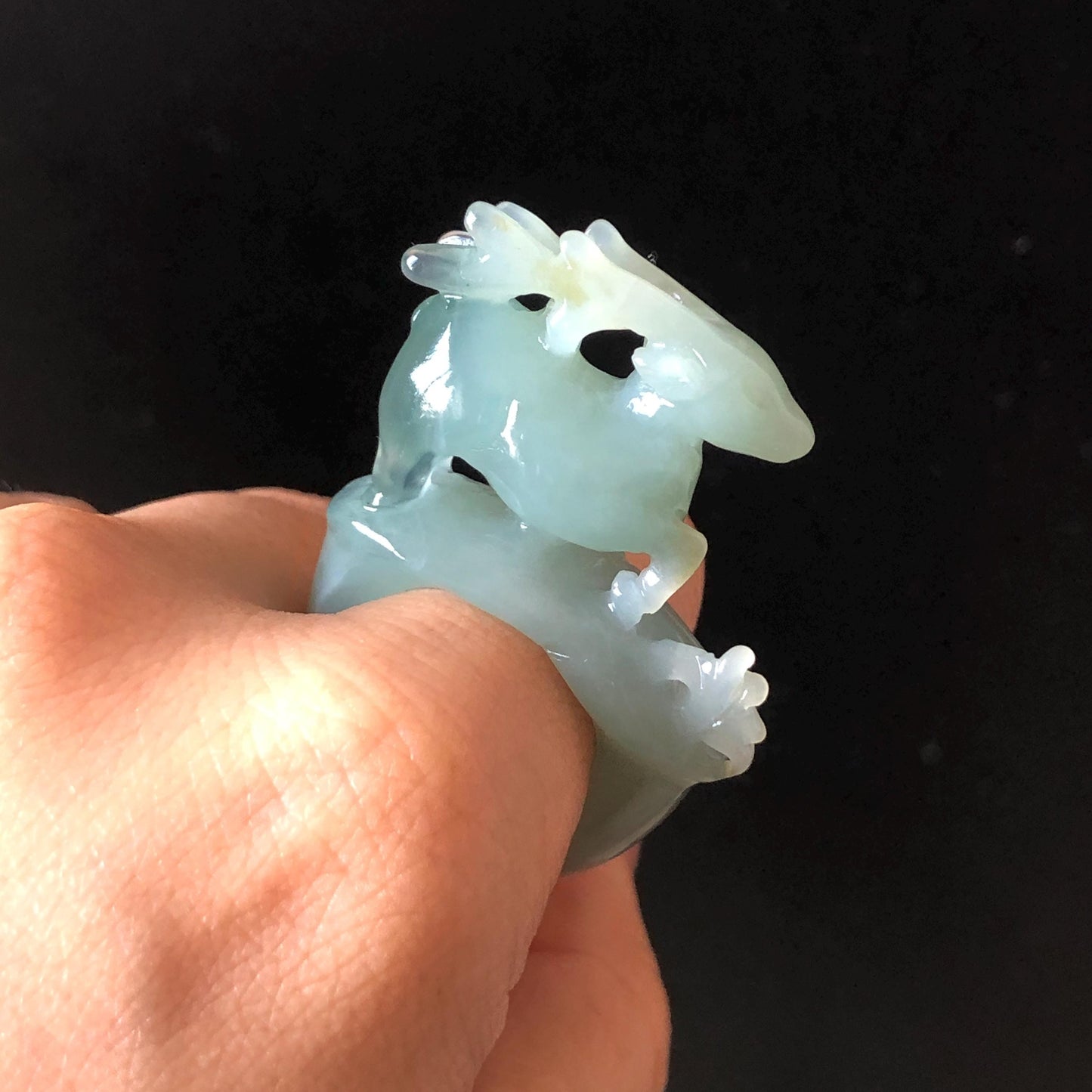 Custom Size! Xiu Jade Serpentine Hand Carved Deer Ring: Natural Serpentine Untreated Green Jade 3D Stone Carving | Crystal Stone Gemstone Ring Ring Gift for her green jade carving hand carved jade band ring animals carving flower carving natural jade band ring cocktail ring for women make to order ring big size ring small size ring personalized ring customised ring flower ring deer carving deer lover gift hollow out carving tailor made ring