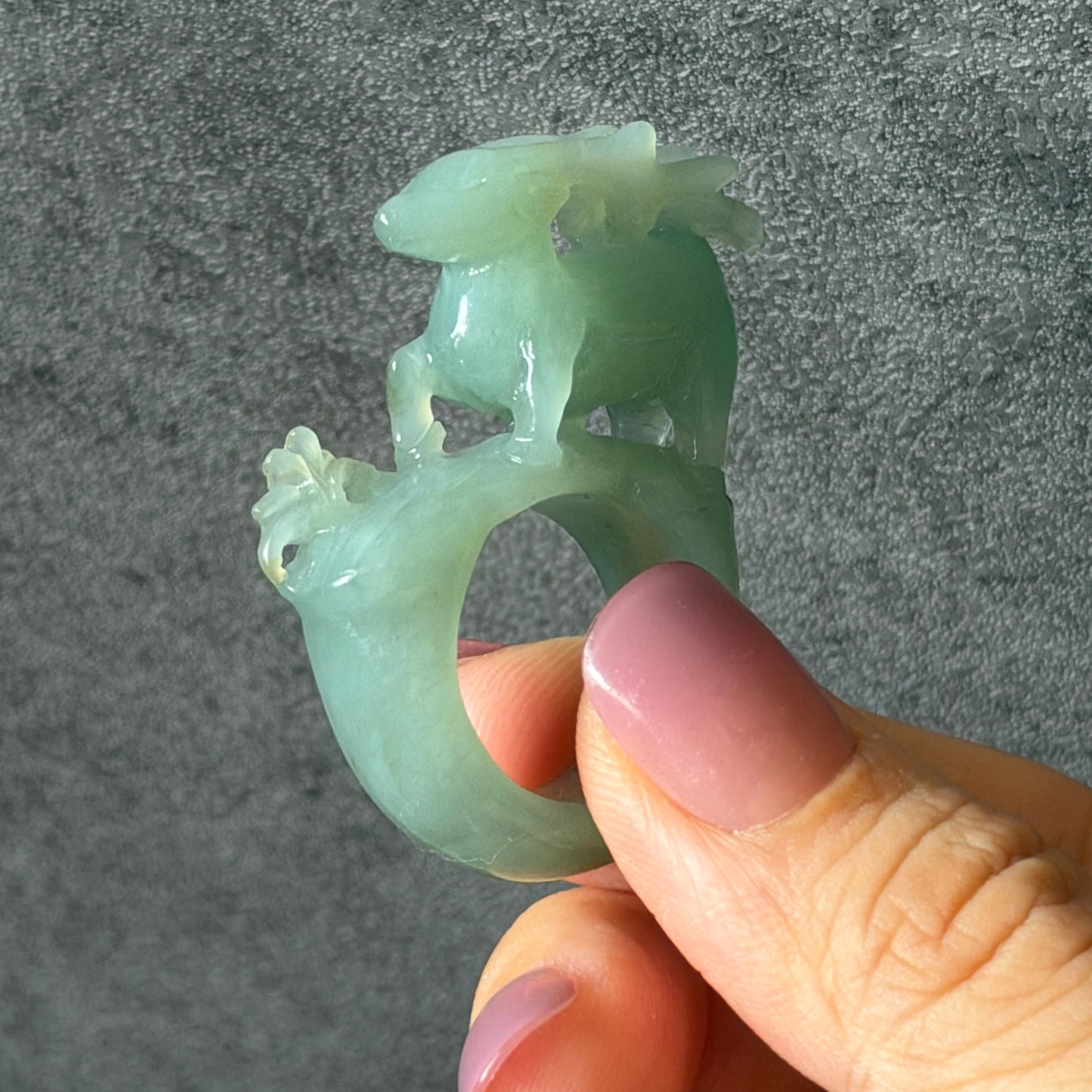 Custom Size! Xiu Jade Serpentine Hand Carved Deer Ring: Natural Serpentine Untreated Green Jade 3D Stone Carving | Crystal Stone Gemstone Ring Ring Gift for her green jade carving hand carved jade band ring animals carving flower carving natural jade band ring cocktail ring for women make to order ring big size ring small size ring personalized ring customised ring flower ring deer carving deer lover gift hollow out carving tailor made ring