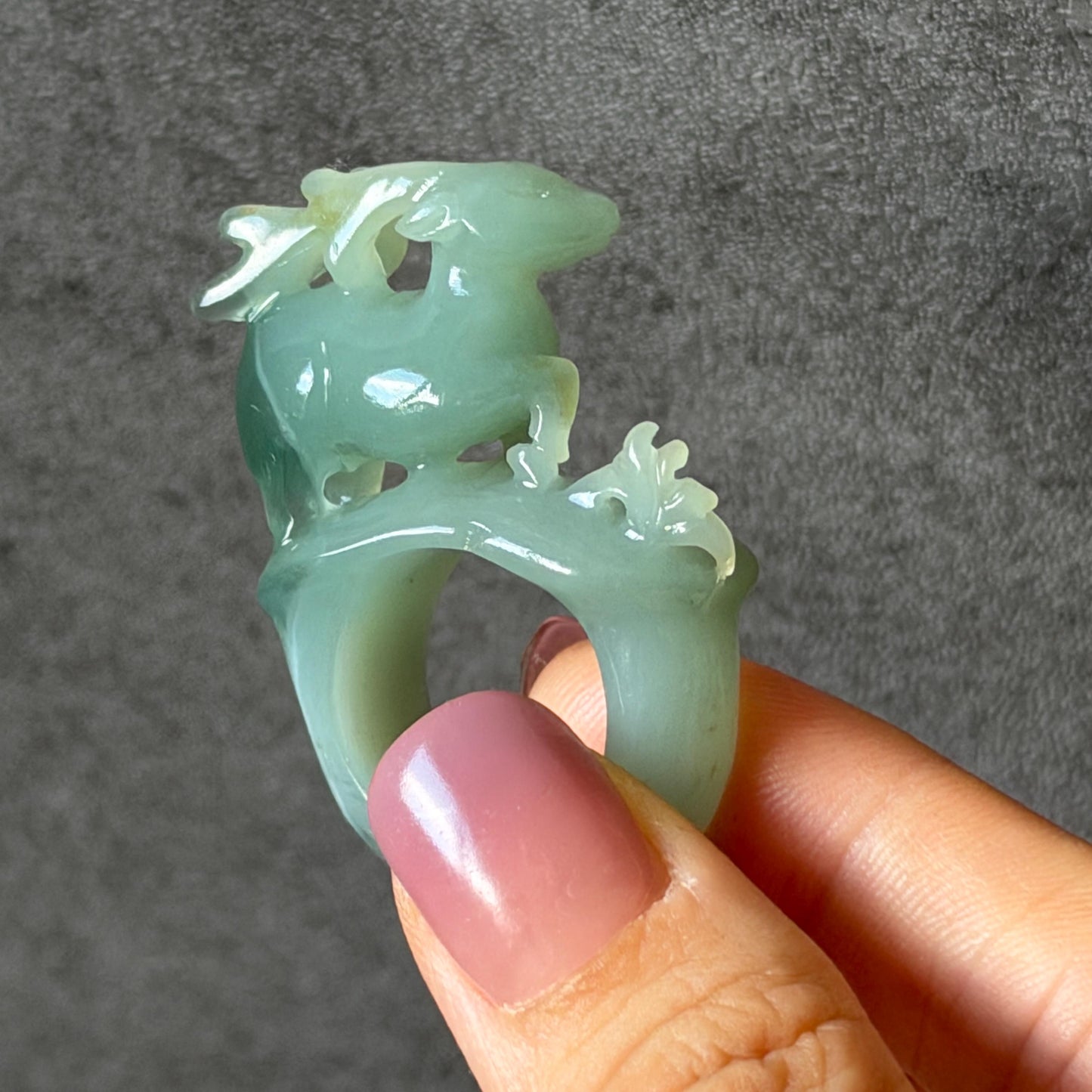 Custom Size! Xiu Jade Serpentine Hand Carved Deer Ring: Natural Serpentine Untreated Green Jade 3D Stone Carving | Crystal Stone Gemstone Ring Ring Gift for her green jade carving hand carved jade band ring animals carving flower carving natural jade band ring cocktail ring for women make to order ring big size ring small size ring personalized ring customised ring flower ring deer carving deer lover gift hollow out carving tailor made ring