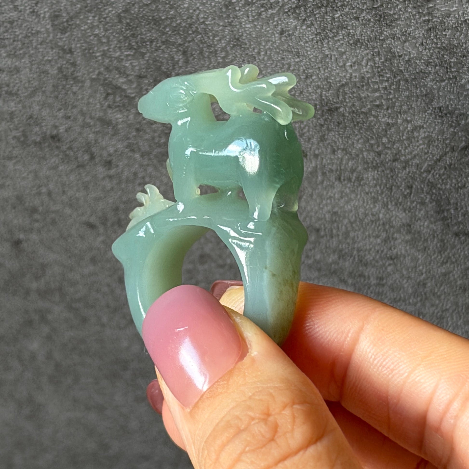 Custom Size! Xiu Jade Serpentine Hand Carved Deer Ring: Natural Serpentine Untreated Green Jade 3D Stone Carving | Crystal Stone Gemstone Ring Ring Gift for her green jade carving hand carved jade band ring animals carving flower carving natural jade band ring cocktail ring for women make to order ring big size ring small size ring personalized ring customised ring flower ring deer carving deer lover gift hollow out carving tailor made ring
