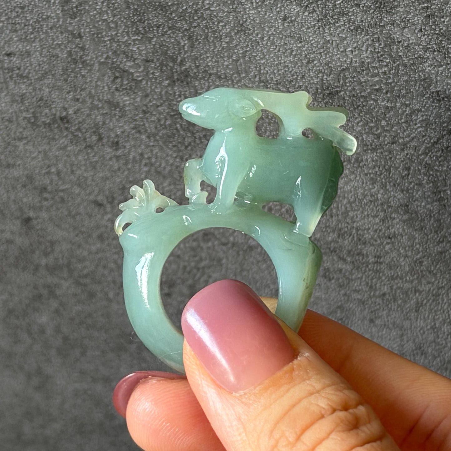 Custom Size! Xiu Jade Serpentine Hand Carved Deer Ring: Natural Serpentine Untreated Green Jade 3D Stone Carving | Crystal Stone Gemstone Ring Ring Gift for her green jade carving hand carved jade band ring animals carving flower carving natural jade band ring cocktail ring for women make to order ring big size ring small size ring personalized ring customised ring flower ring deer carving deer lover gift hollow out carving tailor made ring
