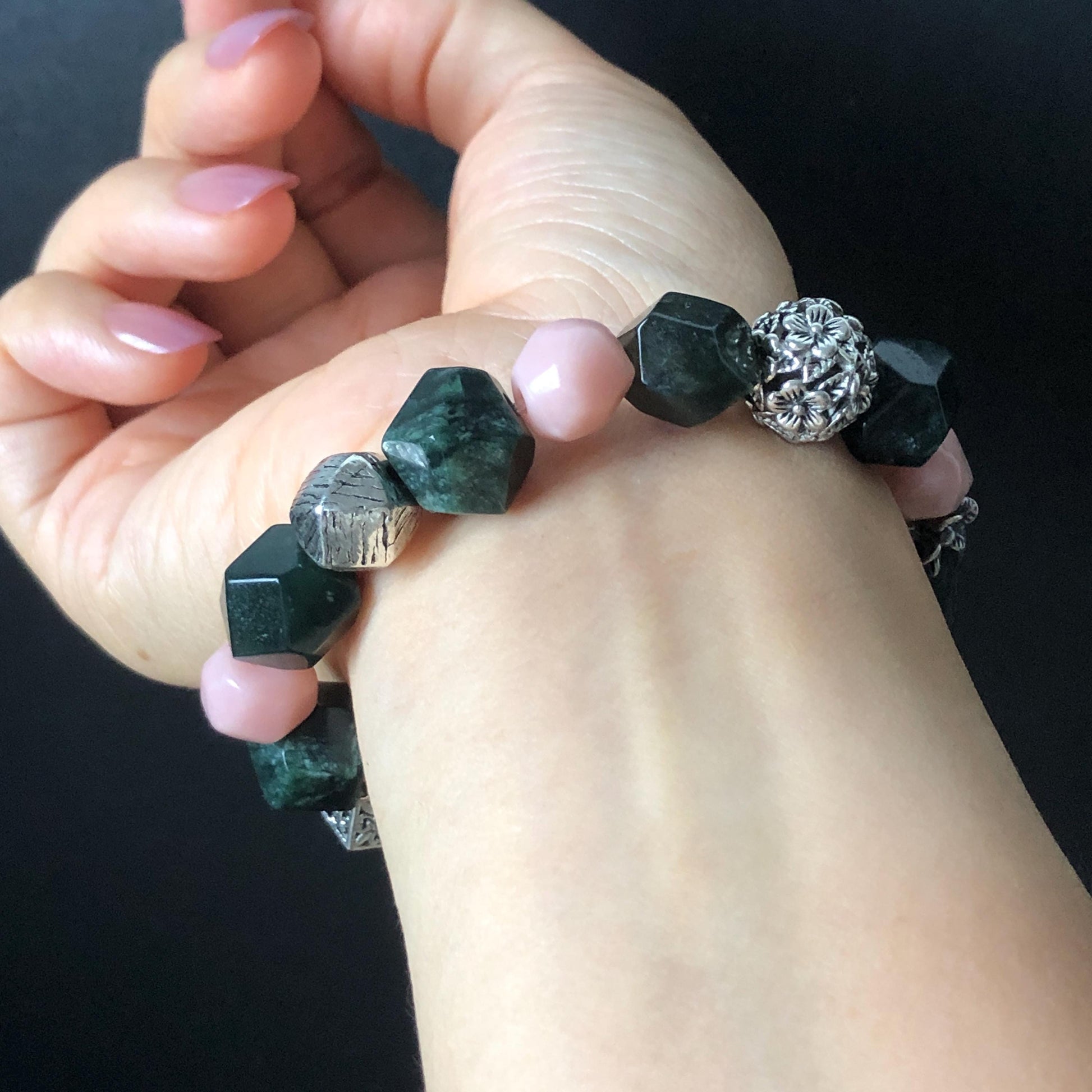 Xiu Jade Bird & Flower Hand Carved Charm Irregular Stretch Elastic Bead Bracelet: Natural Serpentine Green Pink Jade Vintage Tibetan Silver