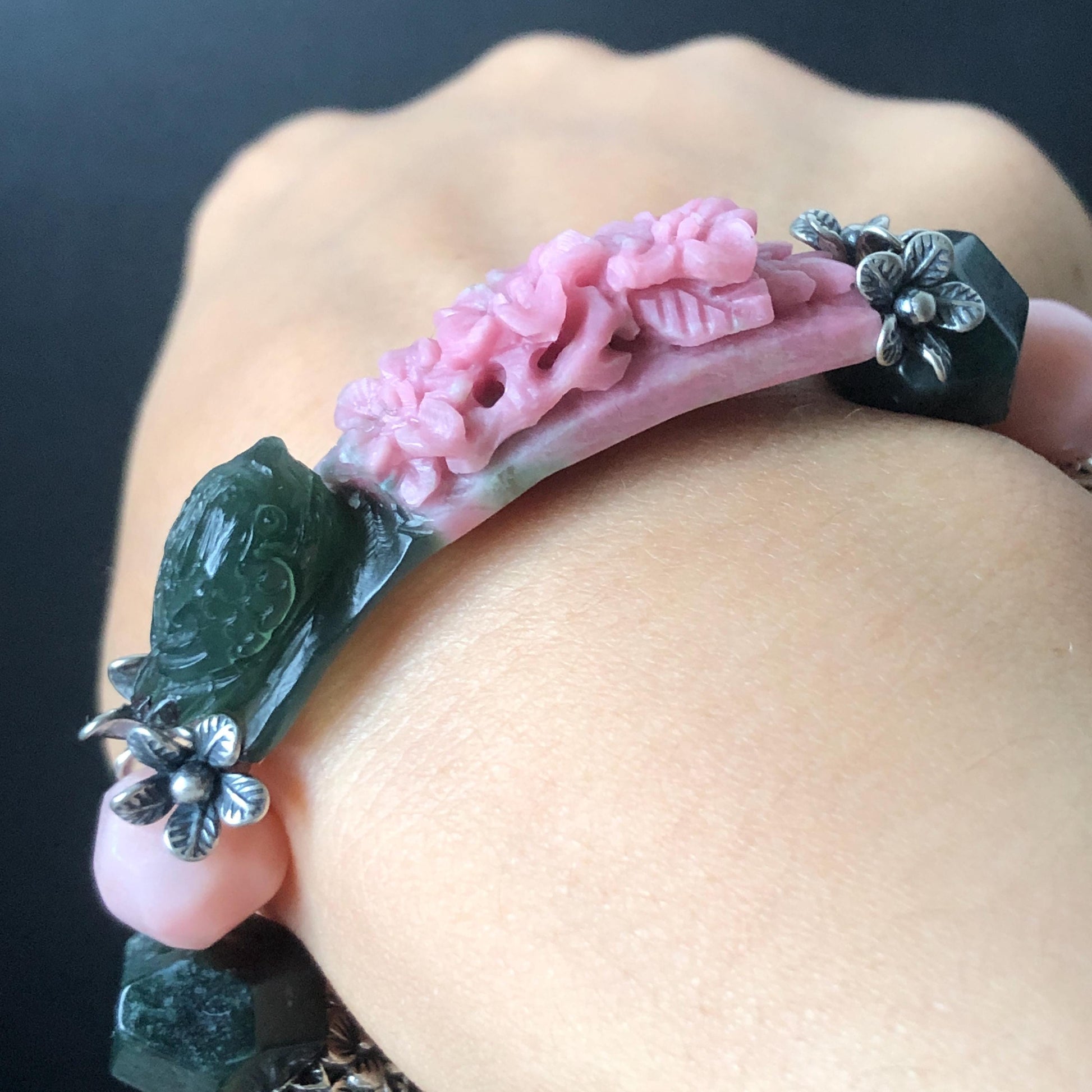 Xiu Jade Bird & Flower Hand Carved Charm with Irregular Bead Bracelet: Natural Serpentine Green Pink Jade Vintage Tibetan Silver | Crystal Stone Gemstone Personalized Gift for her Natural Multi-coloured Jade customised bracelet hand engraved jade bracelet carved charm carved pendant bird carving flower bracelet pink jade green jade silver bracelet tailor made bracelet personalised bracelet diy bracelet untreated jade elastic stretch bracelet bird lover gift 3D stone carving