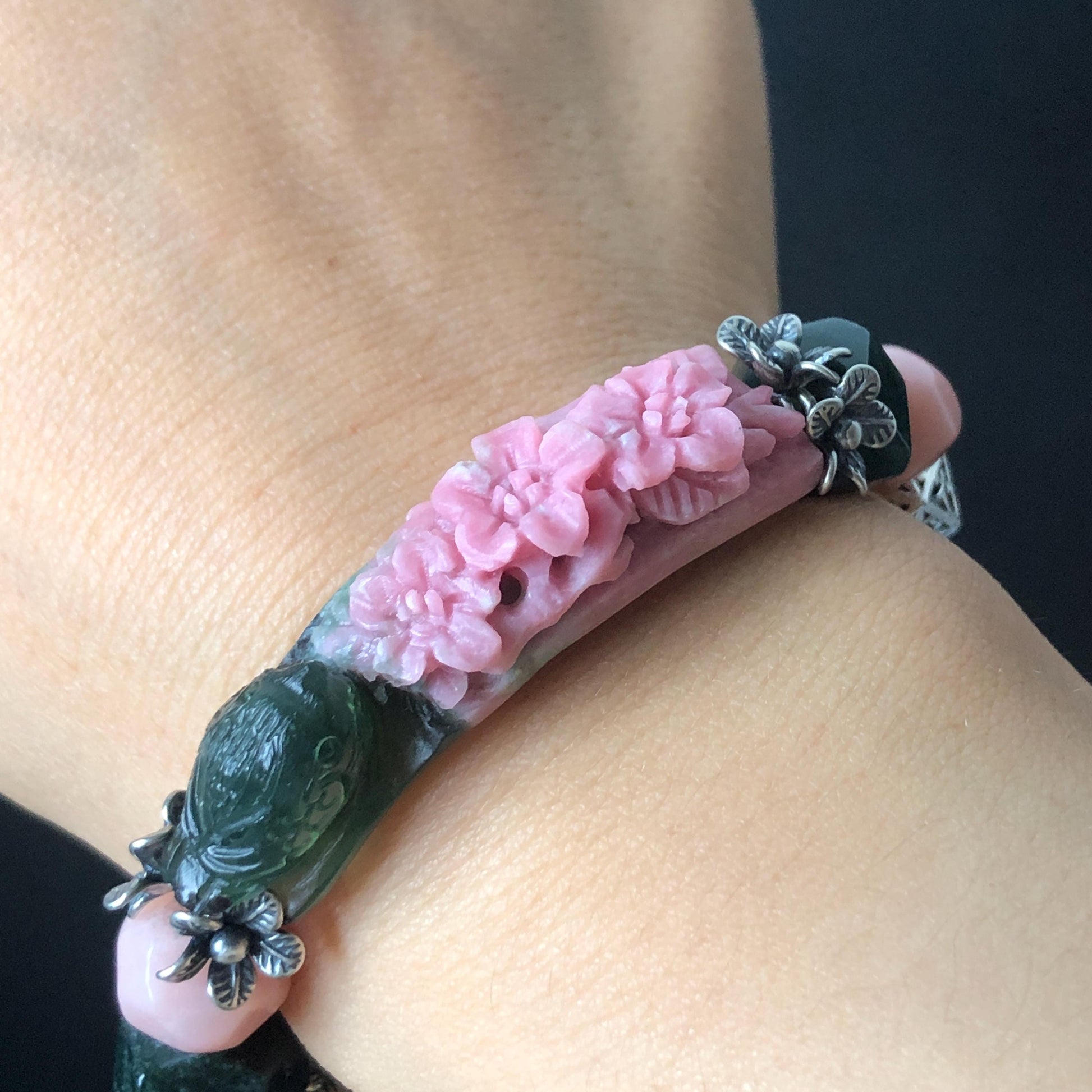Xiu Jade Bird & Flower Hand Carved Charm with Irregular Bead Bracelet: Natural Serpentine Green Pink Jade Vintage Tibetan Silver | Crystal Stone Gemstone Personalized Gift for her Natural Multi-coloured Jade customised bracelet hand engraved jade bracelet carved charm carved pendant bird carving flower bracelet pink jade green jade silver bracelet tailor made bracelet personalised bracelet diy bracelet untreated jade elastic stretch bracelet bird lover gift 3D stone carving