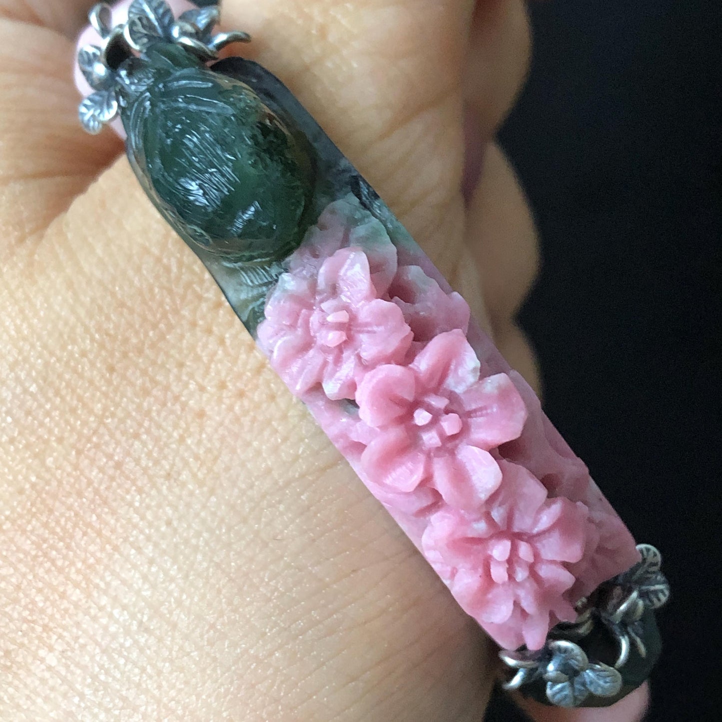 Xiu Jade Bird & Flower Hand Carved Charm with Irregular Bead Bracelet: Natural Serpentine Green Pink Jade Vintage Tibetan Silver | Crystal Stone Gemstone Personalized Gift for her Natural Multi-coloured Jade customised bracelet hand engraved jade bracelet carved charm carved pendant bird carving flower bracelet pink jade green jade silver bracelet tailor made bracelet personalised bracelet diy bracelet untreated jade elastic stretch bracelet bird lover gift 3D stone carving