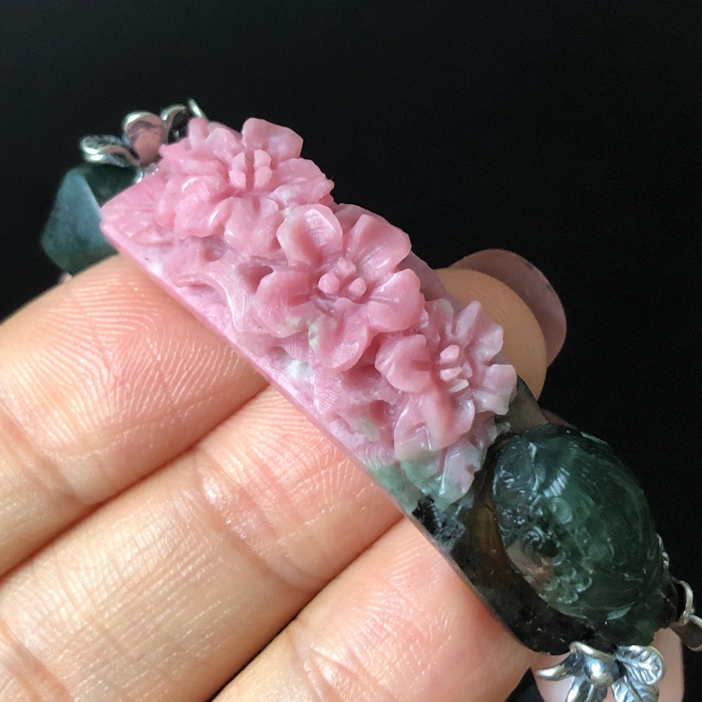 Xiu Jade Bird & Flower Hand Carved Charm with Irregular Bead Bracelet: Natural Serpentine Green Pink Jade Vintage Tibetan Silver | Crystal Stone Gemstone Personalized Gift for her Natural Multi-coloured Jade customised bracelet hand engraved jade bracelet carved charm carved pendant bird carving flower bracelet pink jade green jade silver bracelet tailor made bracelet personalised bracelet diy bracelet untreated jade elastic stretch bracelet bird lover gift 3D stone carving