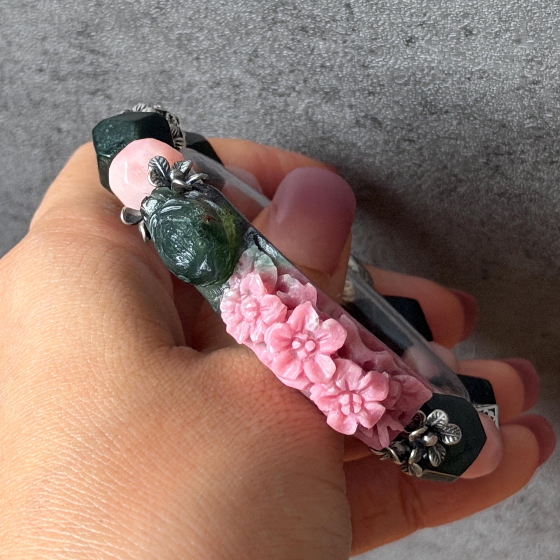 Xiu Jade Bird & Flower Hand Carved Charm with Irregular Bead Bracelet: Natural Serpentine Green Pink Jade Vintage Tibetan Silver | Crystal Stone Gemstone Personalized Gift for her Natural Multi-coloured Jade customised bracelet hand engraved jade bracelet carved charm carved pendant bird carving flower bracelet pink jade green jade silver bracelet tailor made bracelet personalised bracelet diy bracelet untreated jade elastic stretch bracelet bird lover gift 3D stone carving