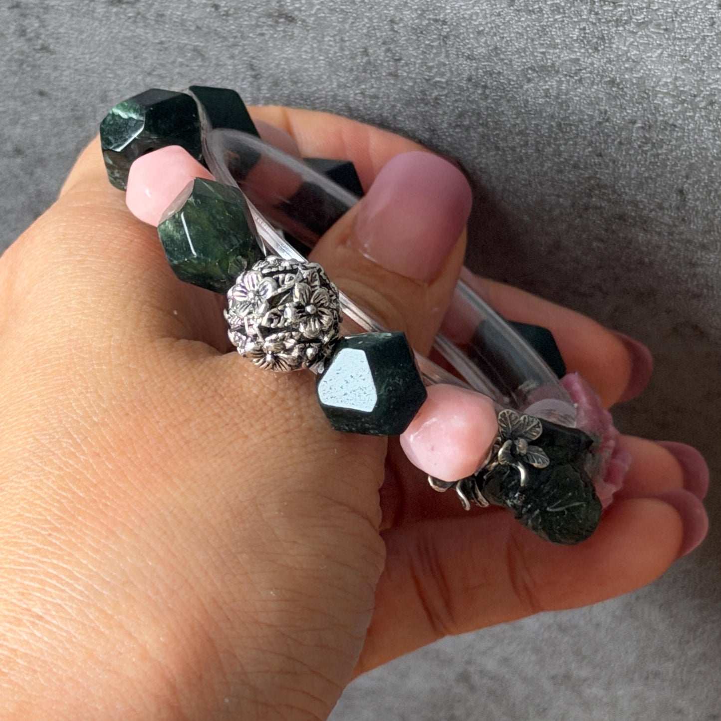 Xiu Jade Bird & Flower Hand Carved Charm with Irregular Bead Bracelet: Natural Serpentine Green Pink Jade Vintage Tibetan Silver | Crystal Stone Gemstone Personalized Gift for her Natural Multi-coloured Jade customised bracelet hand engraved jade bracelet carved charm carved pendant bird carving flower bracelet pink jade green jade silver bracelet tailor made bracelet personalised bracelet diy bracelet untreated jade elastic stretch bracelet bird lover gift 3D stone carving