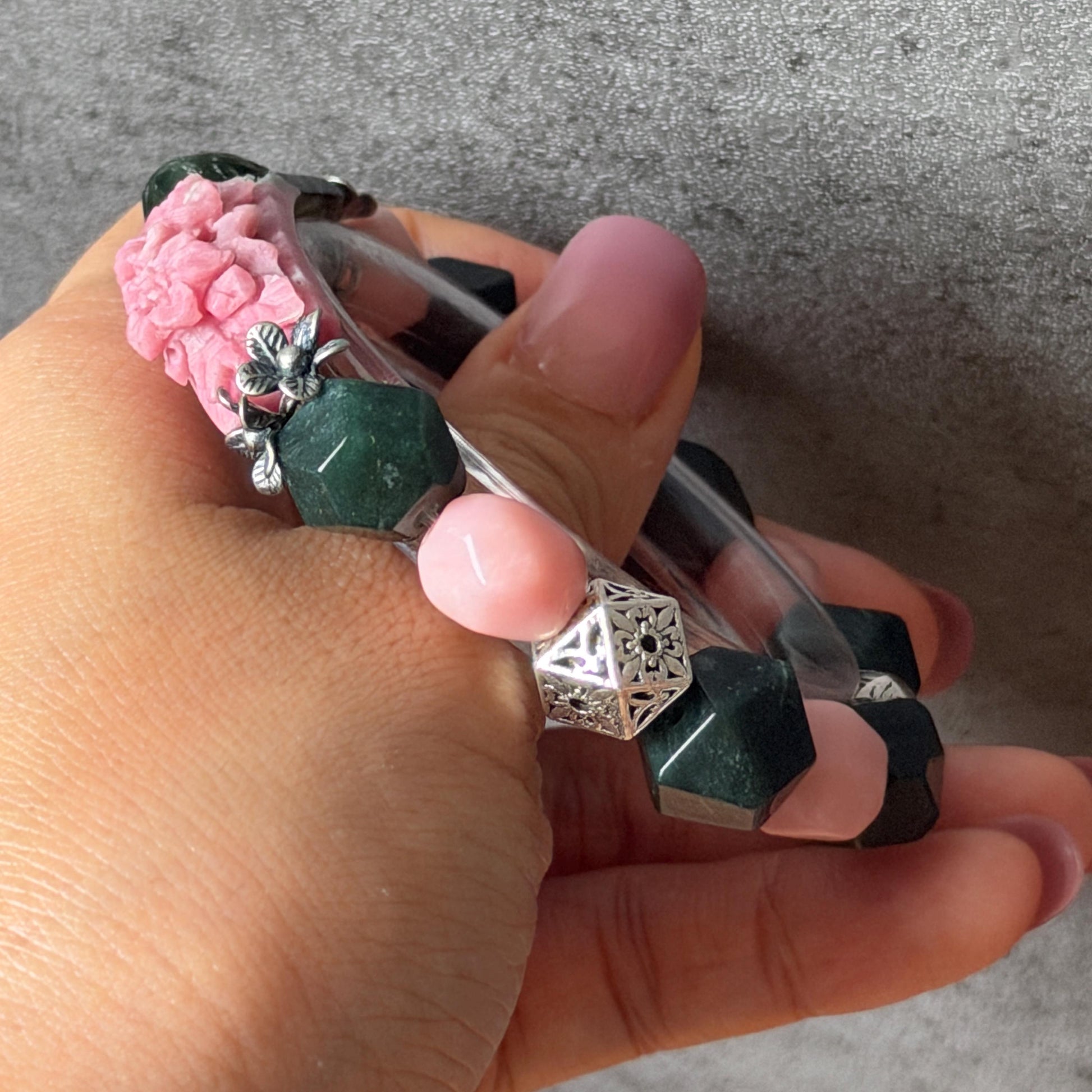 Xiu Jade Bird & Flower Hand Carved Charm with Irregular Bead Bracelet: Natural Serpentine Green Pink Jade Vintage Tibetan Silver | Crystal Stone Gemstone Personalized Gift for her Natural Multi-coloured Jade customised bracelet hand engraved jade bracelet carved charm carved pendant bird carving flower bracelet pink jade green jade silver bracelet tailor made bracelet personalised bracelet diy bracelet untreated jade elastic stretch bracelet bird lover gift 3D stone carving