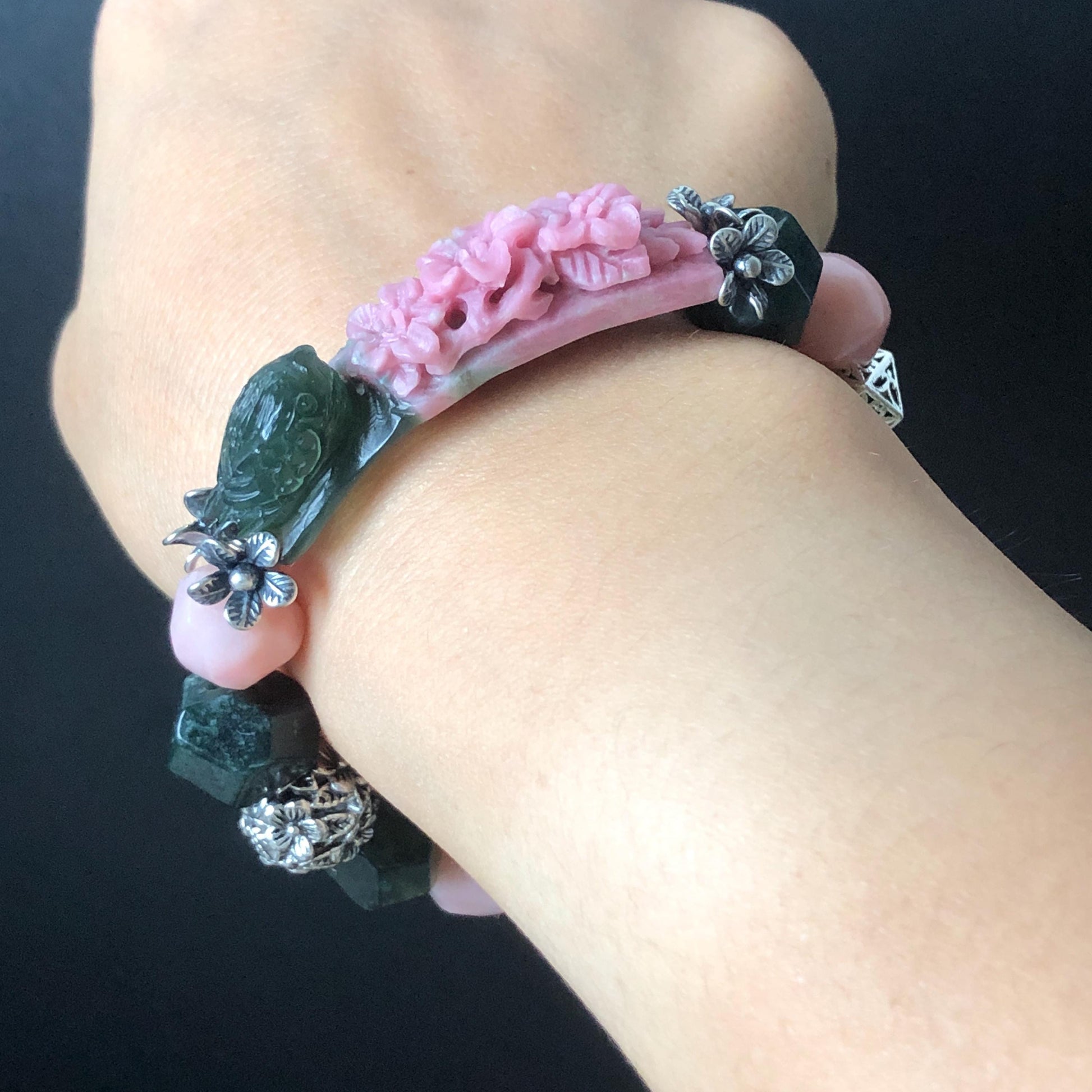Xiu Jade Bird & Flower Hand Carved Charm with Irregular Bead Bracelet: Natural Serpentine Green Pink Jade Vintage Tibetan Silver | Crystal Stone Gemstone Personalized Gift for her Natural Multi-coloured Jade customised bracelet hand engraved jade bracelet carved charm carved pendant bird carving flower bracelet pink jade green jade silver bracelet tailor made bracelet personalised bracelet diy bracelet untreated jade elastic stretch bracelet bird lover gift 3D stone carving