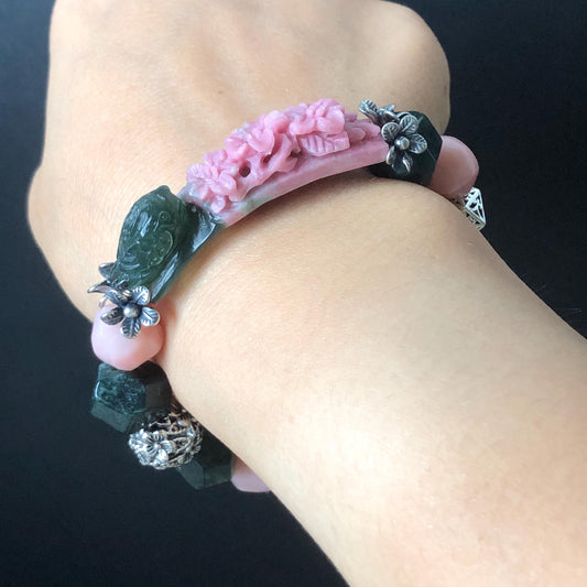 Xiu Jade Bird & Flower Hand Carved Charm with Irregular Bead Bracelet: Natural Serpentine Green Pink Jade Vintage Tibetan Silver | Crystal Stone Gemstone Personalized Gift for her Natural Multi-coloured Jade customised bracelet hand engraved jade bracelet carved charm carved pendant bird carving flower bracelet pink jade green jade silver bracelet tailor made bracelet personalised bracelet diy bracelet untreated jade elastic stretch bracelet bird lover gift 3D stone carving