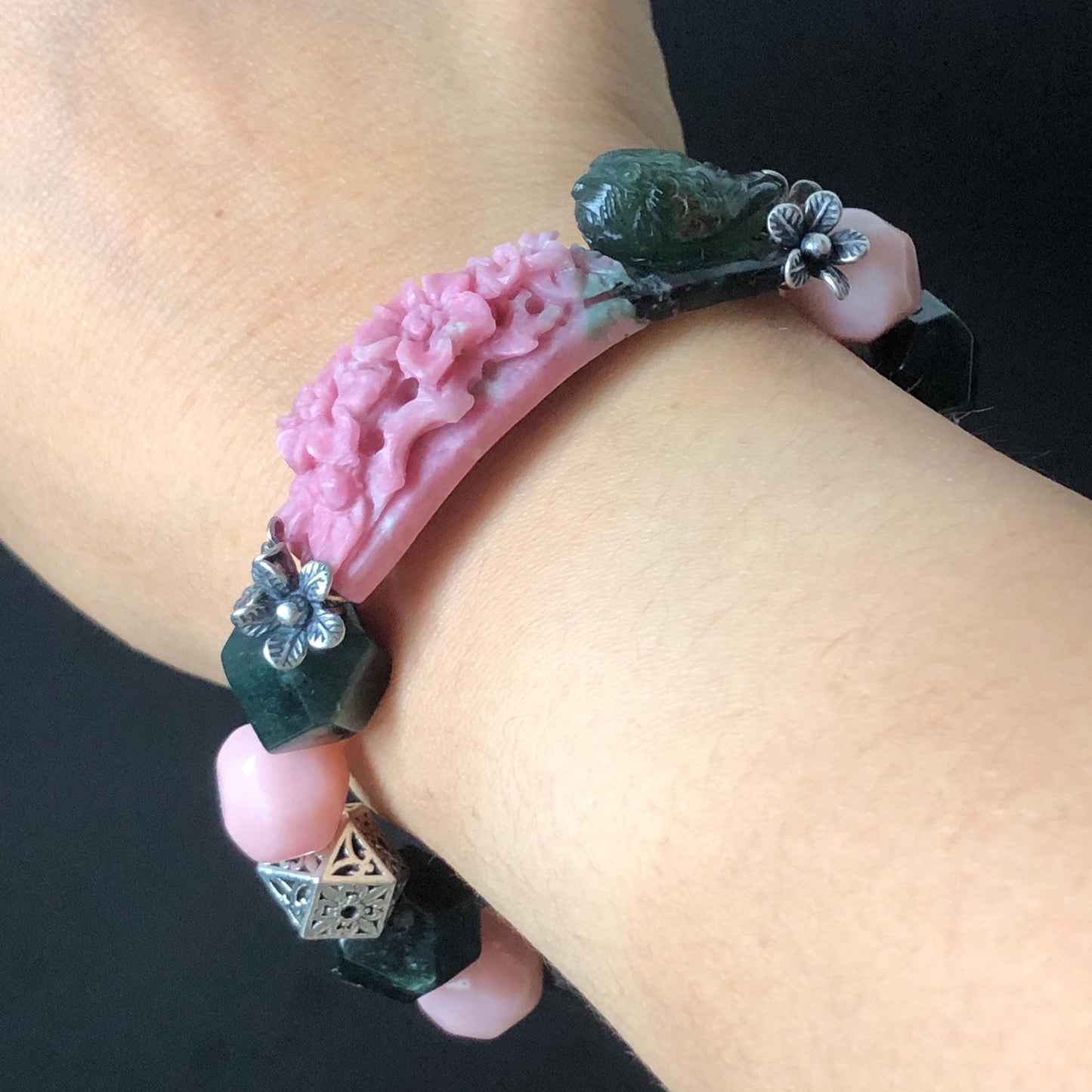 Xiu Jade Bird & Flower Hand Carved Charm with Irregular Bead Bracelet: Natural Serpentine Green Pink Jade Vintage Tibetan Silver | Crystal Stone Gemstone Personalized Gift for her Natural Multi-coloured Jade customised bracelet hand engraved jade bracelet carved charm carved pendant bird carving flower bracelet pink jade green jade silver bracelet tailor made bracelet personalised bracelet diy bracelet untreated jade elastic stretch bracelet bird lover gift 3D stone carving