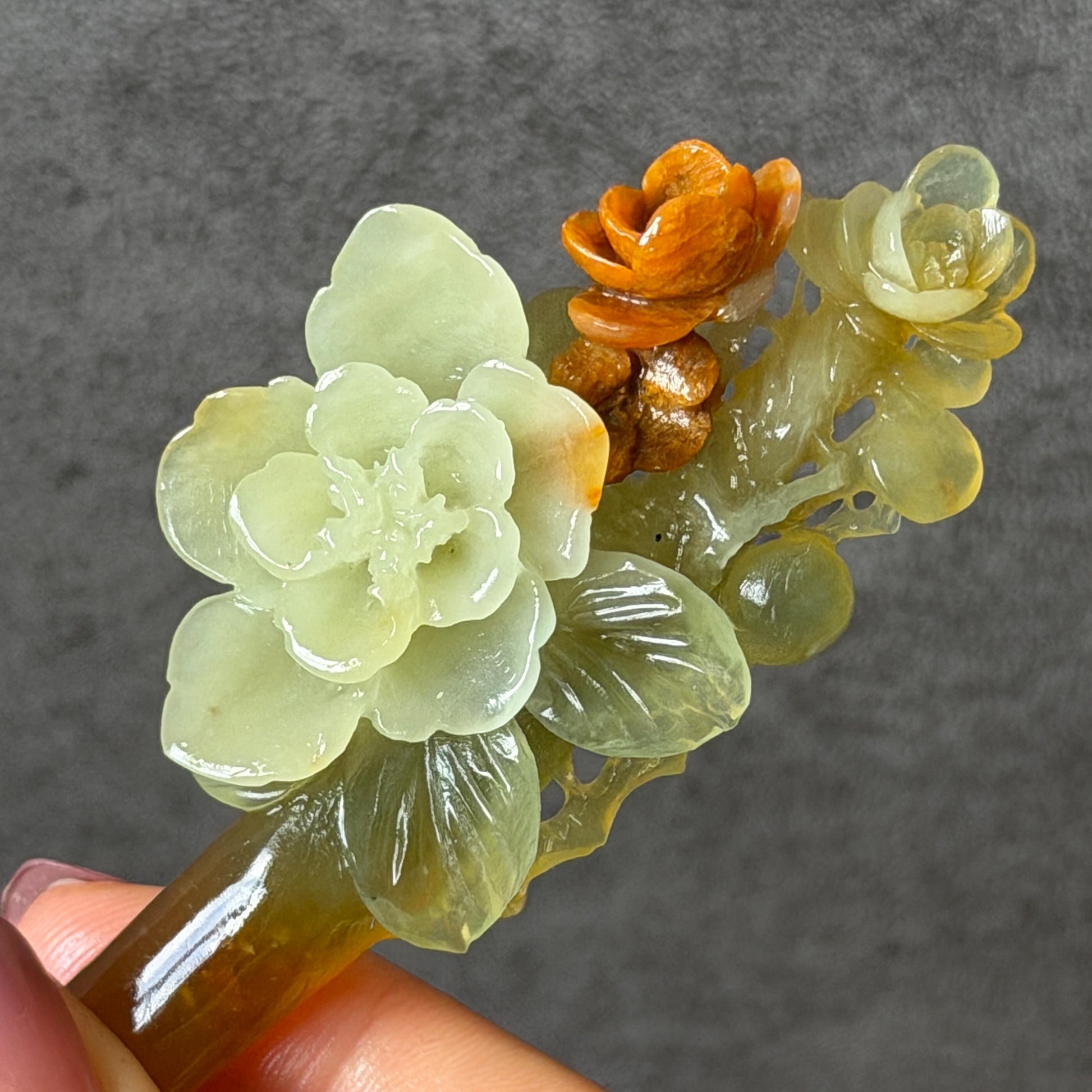 Xiu Jade Peach Blossom Flower Hand Carved Hair Pin: Certified Natural Serpentine Orange White Green Jade Handcrafted Hanfu Hair Stick