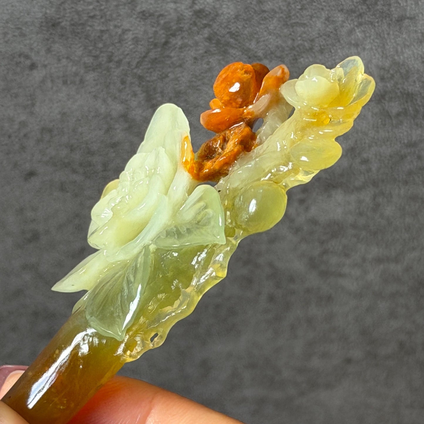 Xiu Jade Peach Blossom Flower Hand Carved Hair Pin: Certified Natural Serpentine Orange White Green Jade Handcrafted Hanfu Hair Stick