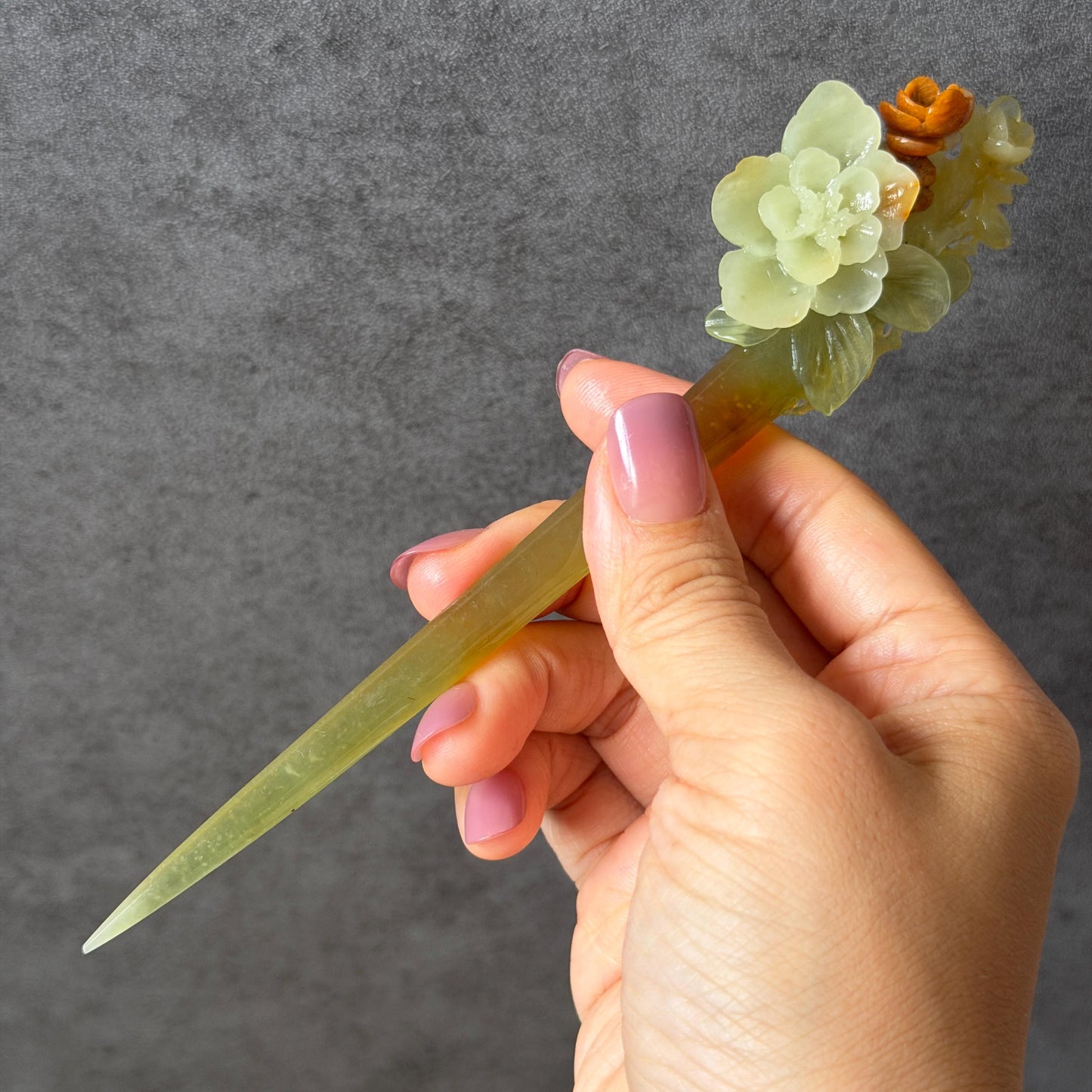 Xiu Jade Peach Blossom Flower Hand Carved Hair Pin: Certified Natural Serpentine Orange White Green Jade Handcrafted Hanfu Hair Stick