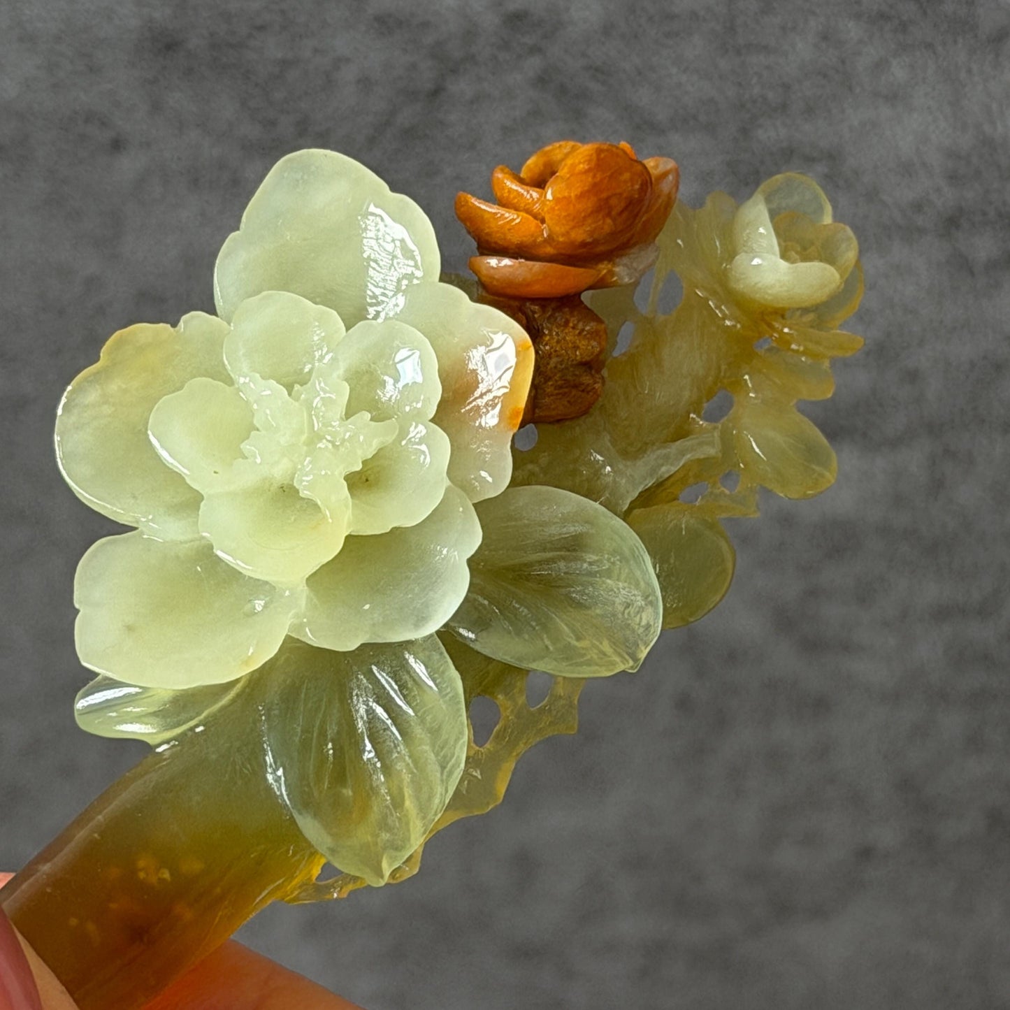 Xiu Jade Peach Blossom Flower Hand Carved Hair Pin: Certified Natural Serpentine Orange White Green Jade Handcrafted Hanfu Hair Stick