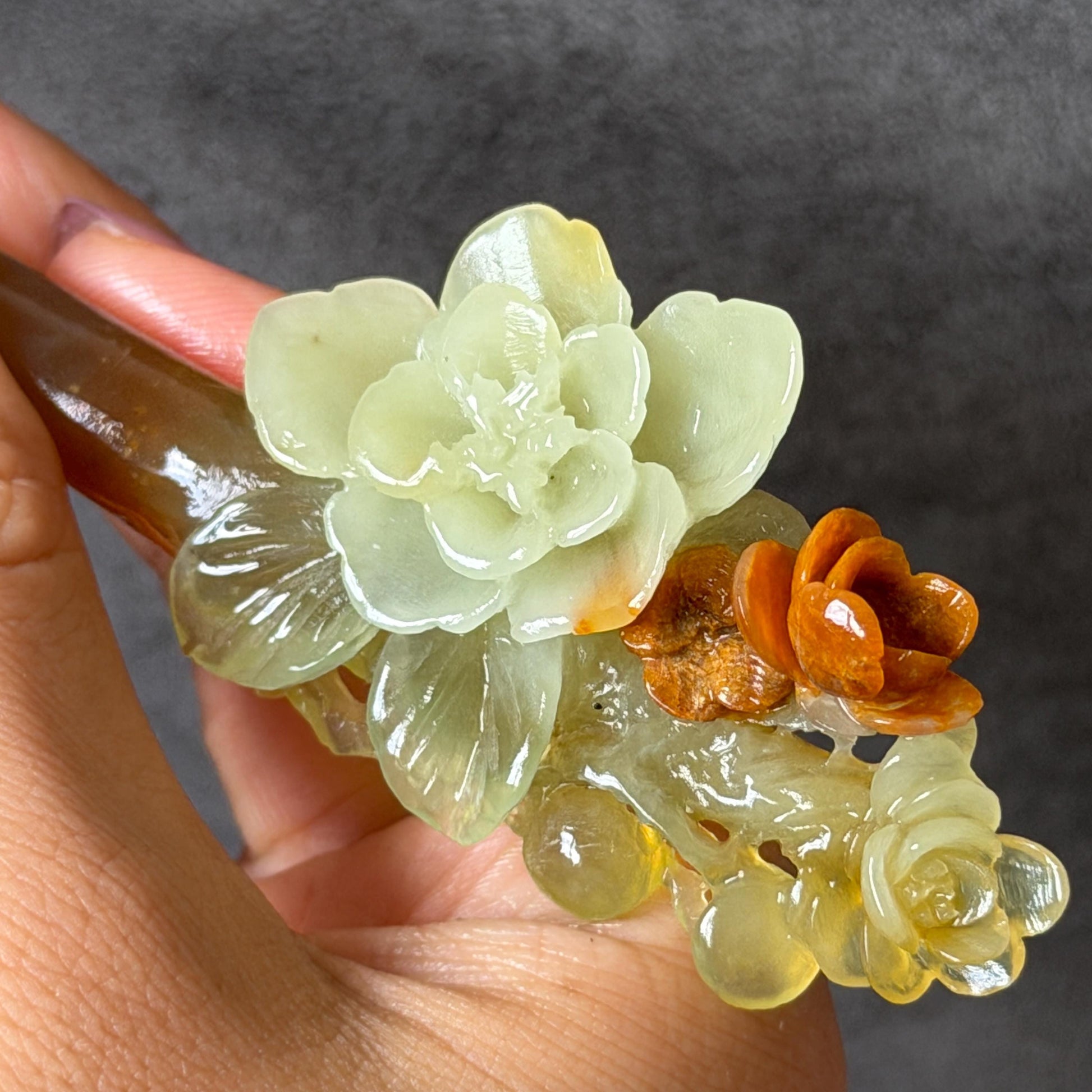 Xiu Jade Peach Blossom Flower Hand Carved Hair Pin: Certified Natural Serpentine Orange White Green Jade Handcrafted Hanfu Hair Stick