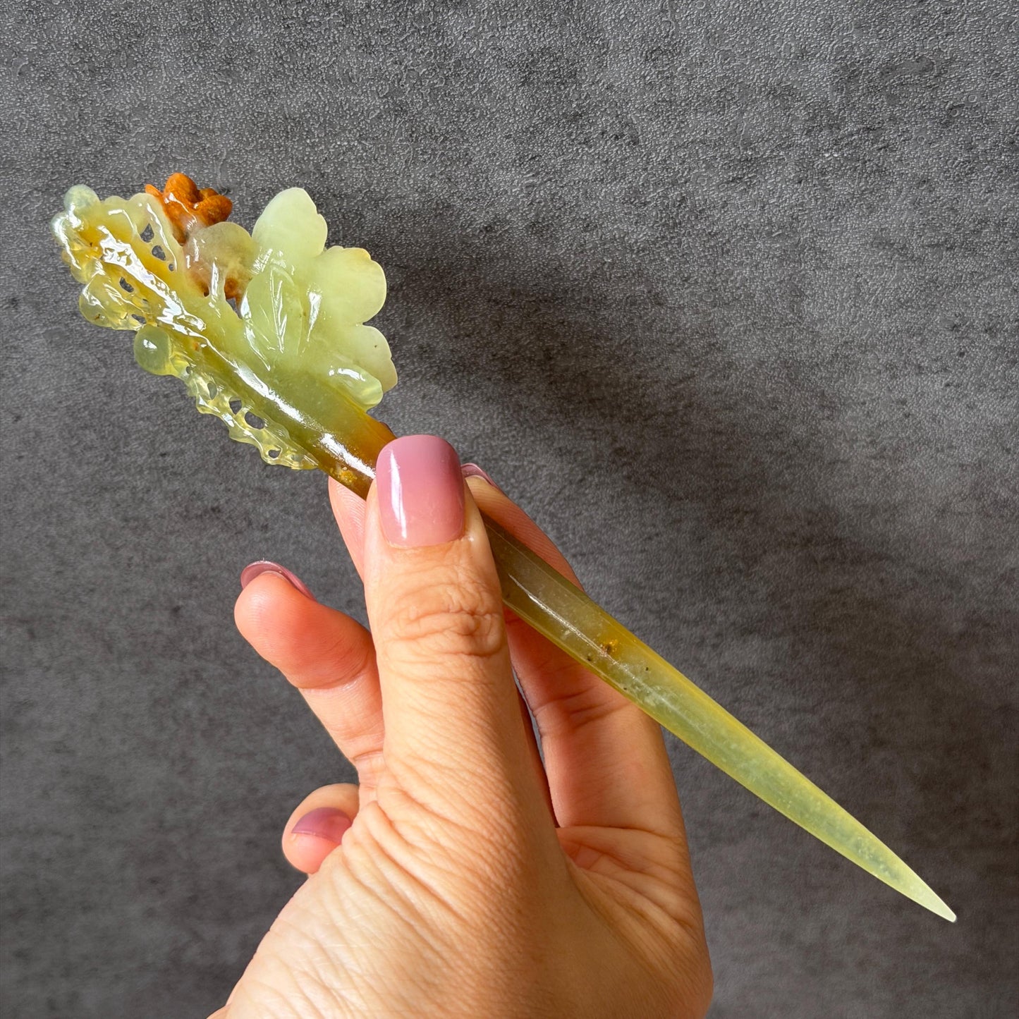 Xiu Jade Peach Blossom Flower Hand Carved Hair Pin: Certified Natural Serpentine Orange White Green Jade Handcrafted Hanfu Hair Stick
