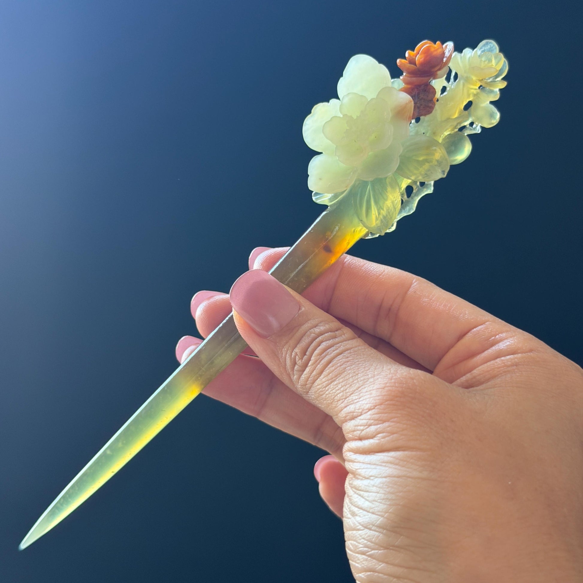 Xiu Jade Peach Blossom Flower Hand Carved Hair Pin: Certified Natural Serpentine Orange White Green Jade Handcrafted Hanfu Hair Stick