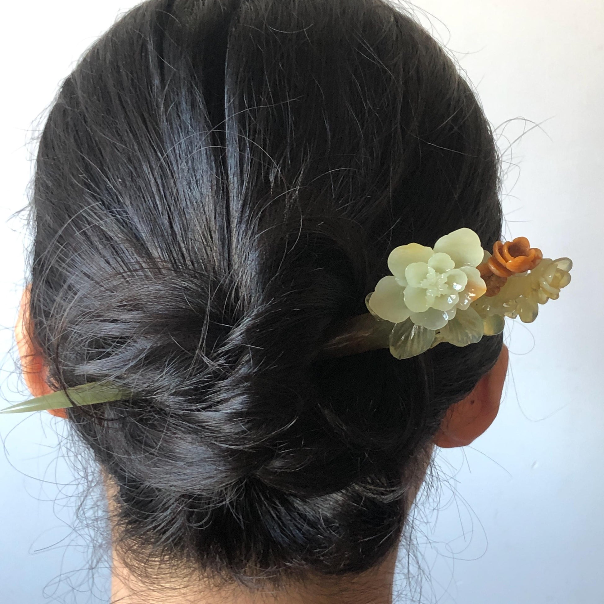 Xiu Jade Peach Blossom Flower Hand Carved Hair Pin: Certified Natural Serpentine Orange White Green Jade Handcrafted Hanfu Hair Stick