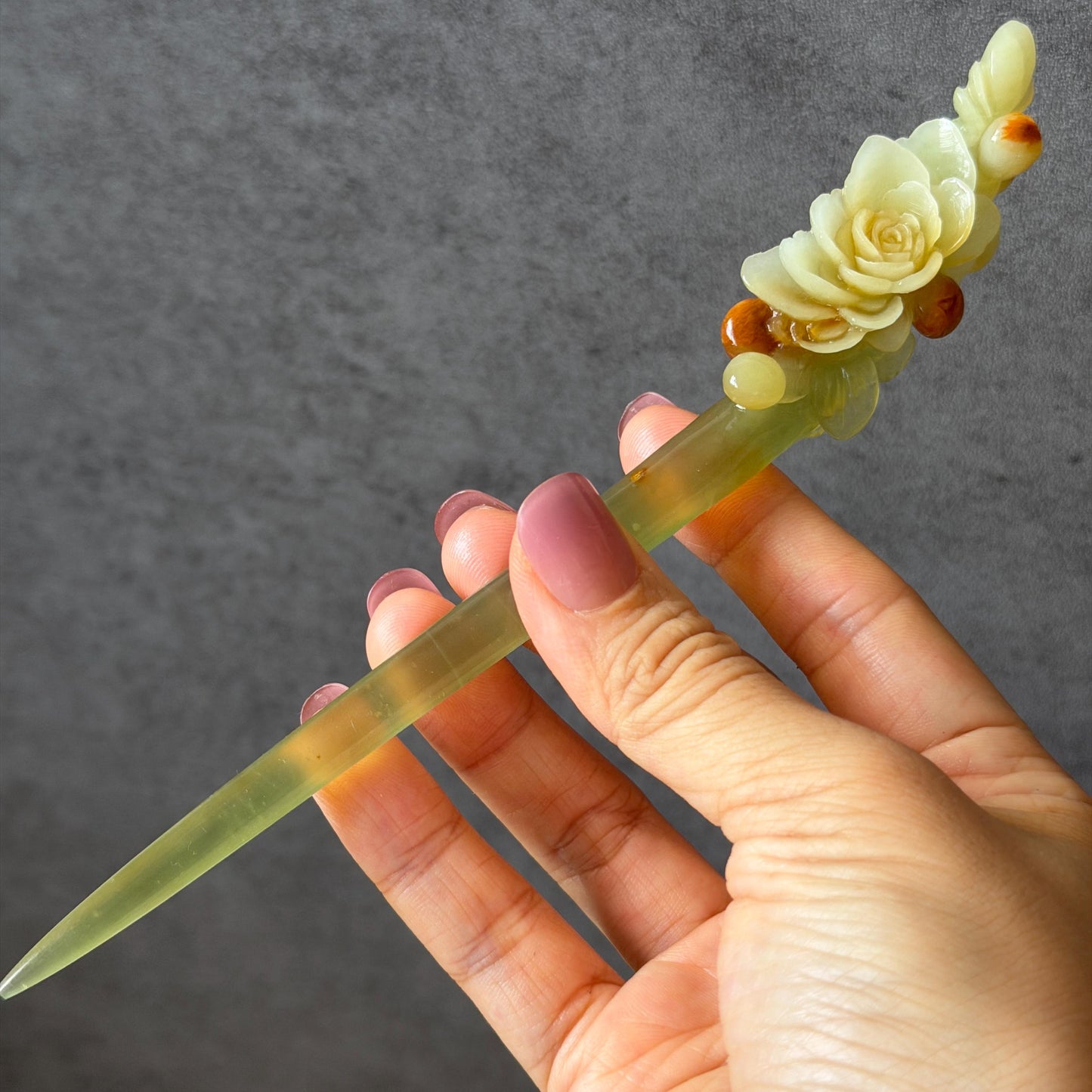 Xiu Jade Hand Carved Camellia Flower Hair Pin: Certified Natural Serpentine Multicolor Orange White Green Jade Handcrafted Hair Stick | Asian Vintage Hair Fork 3D stone carving Hair Jewelry | Chinese Hanfu Hair Fork gift for her green jade carving white jade orange jade flower carving camellia carving hand engraved hairpins japanese hair stick korean hair pins hair fork hair comb antique hairpins wedding headpiece engagement hair jewelry bridal shower gift bridal hair accessory  asian hair crown
