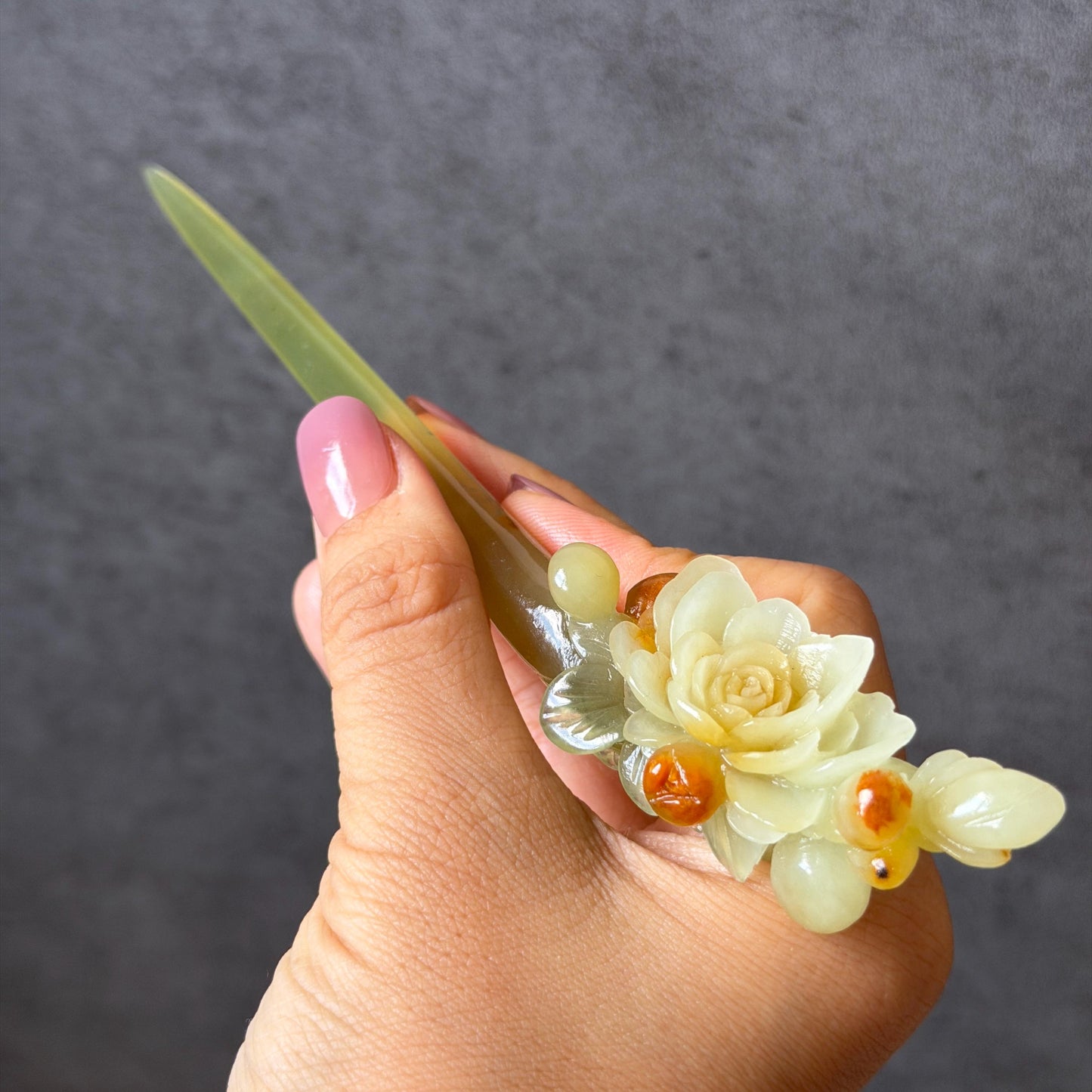 Xiu Jade Hand Carved Camellia Flower Hair Pin: Certified Natural Serpentine Multicolor Orange White Green Jade Handcrafted Hair Stick | Asian Vintage Hair Fork 3D stone carving Hair Jewelry | Chinese Hanfu Hair Fork gift for her green jade carving white jade orange jade flower carving camellia carving hand engraved hairpins japanese hair stick korean hair pins hair fork hair comb antique hairpins wedding headpiece engagement hair jewelry bridal shower gift bridal hair accessory  asian hair crown