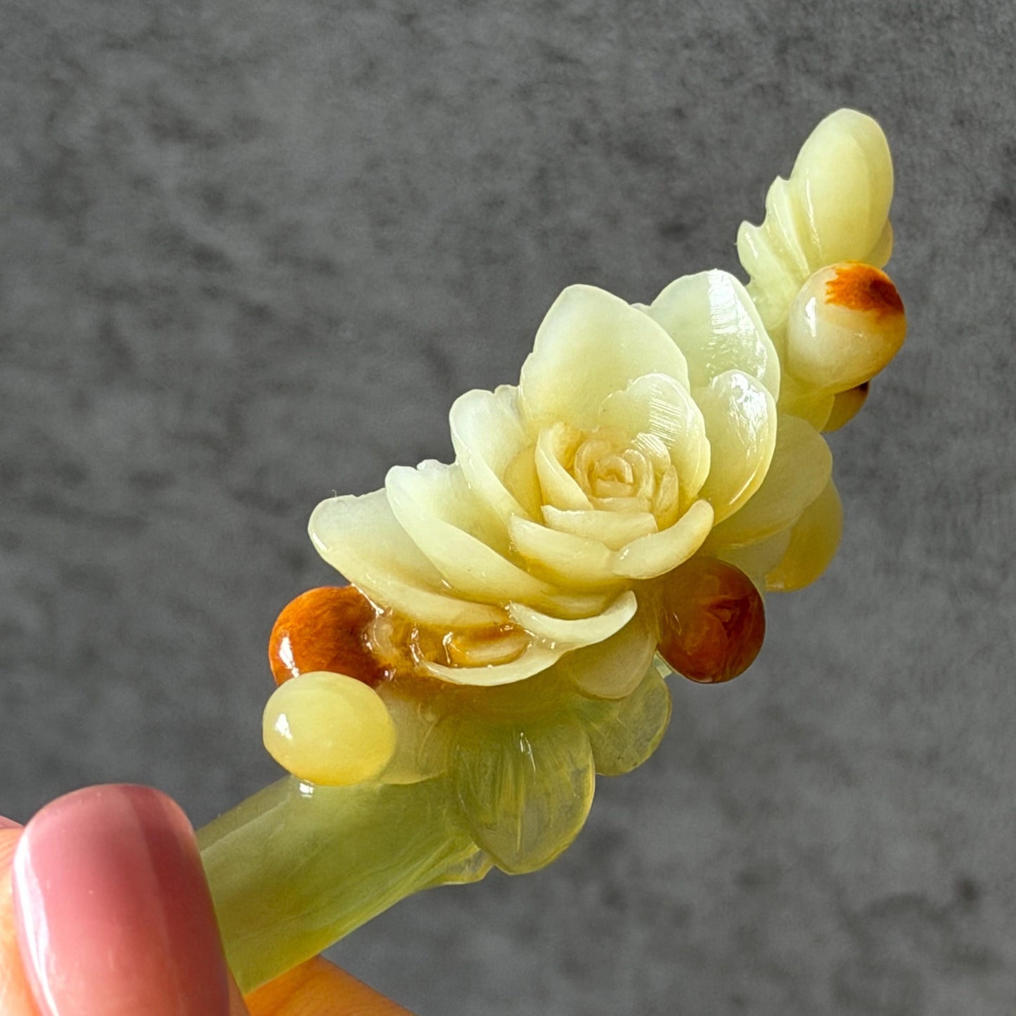 Xiu Jade Hand Carved Camellia Flower Hair Pin: Certified Natural Serpentine Multicolor Orange White Green Jade Handcrafted Hair Stick | Asian Vintage Hair Fork 3D stone carving Hair Jewelry | Chinese Hanfu Hair Fork gift for her green jade carving white jade orange jade flower carving camellia carving hand engraved hairpins japanese hair stick korean hair pins hair fork hair comb antique hairpins wedding headpiece engagement hair jewelry bridal shower gift bridal hair accessory  asian hair crown