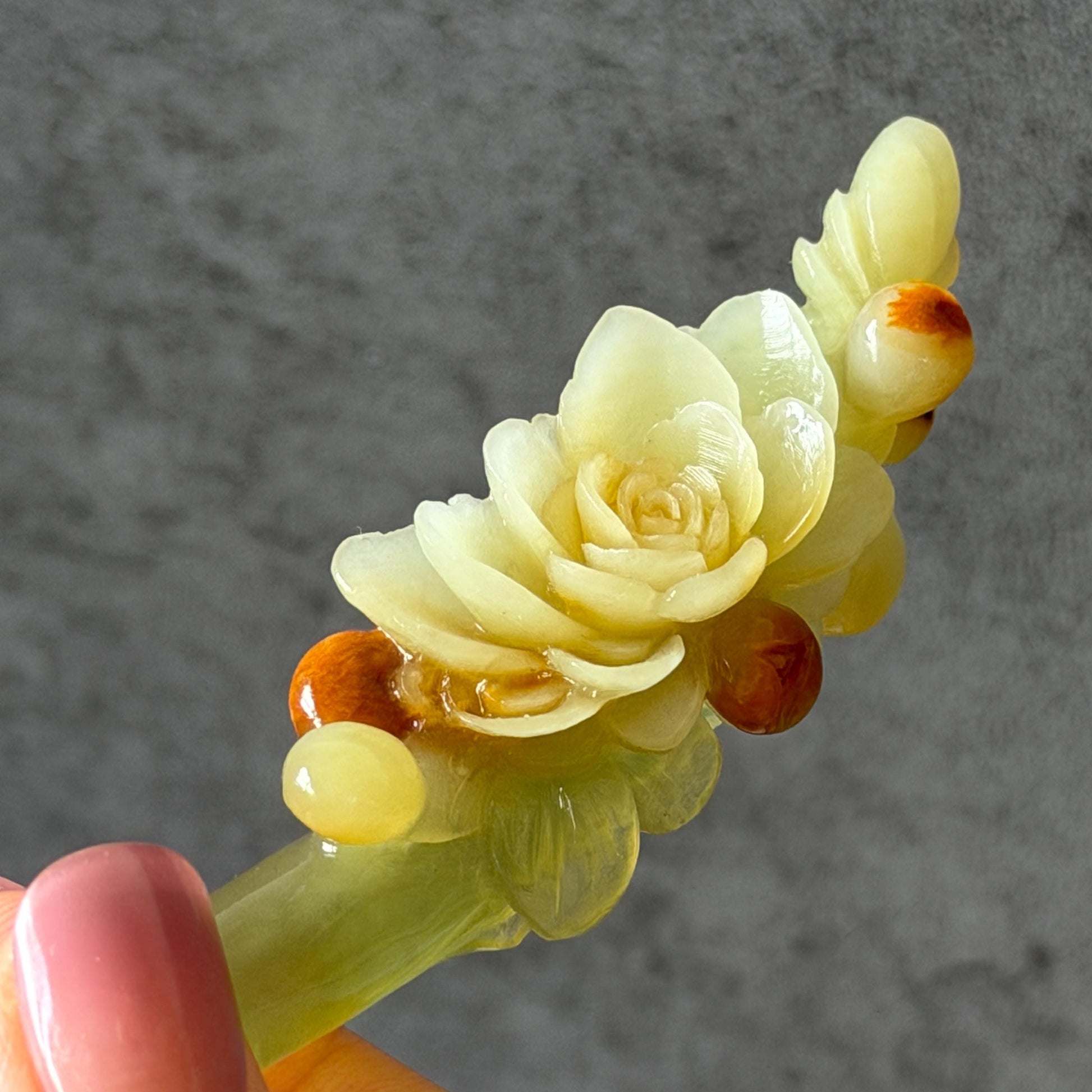 Xiu Jade Hand Carved Camellia Flower Hair Pin: Certified Natural Serpentine Multicolor Orange White Green Jade Handcrafted Hair Stick | Asian Vintage Hair Fork 3D stone carving Hair Jewelry | Chinese Hanfu Hair Fork gift for her green jade carving white jade orange jade flower carving camellia carving hand engraved hairpins japanese hair stick korean hair pins hair fork hair comb antique hairpins wedding headpiece engagement hair jewelry bridal shower gift bridal hair accessory  asian hair crown
