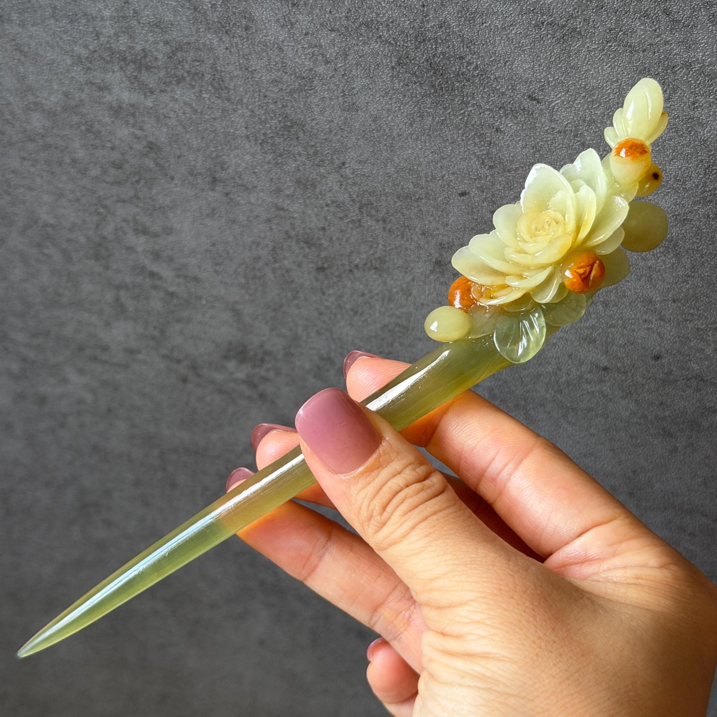 Xiu Jade Hand Carved Camellia Flower Hair Pin: Certified Natural Serpentine Multicolor Orange White Green Jade Handcrafted Hair Stick | Asian Vintage Hair Fork 3D stone carving Hair Jewelry | Chinese Hanfu Hair Fork gift for her green jade carving white jade orange jade flower carving camellia carving hand engraved hairpins japanese hair stick korean hair pins hair fork hair comb antique hairpins wedding headpiece engagement hair jewelry bridal shower gift bridal hair accessory  asian hair crown