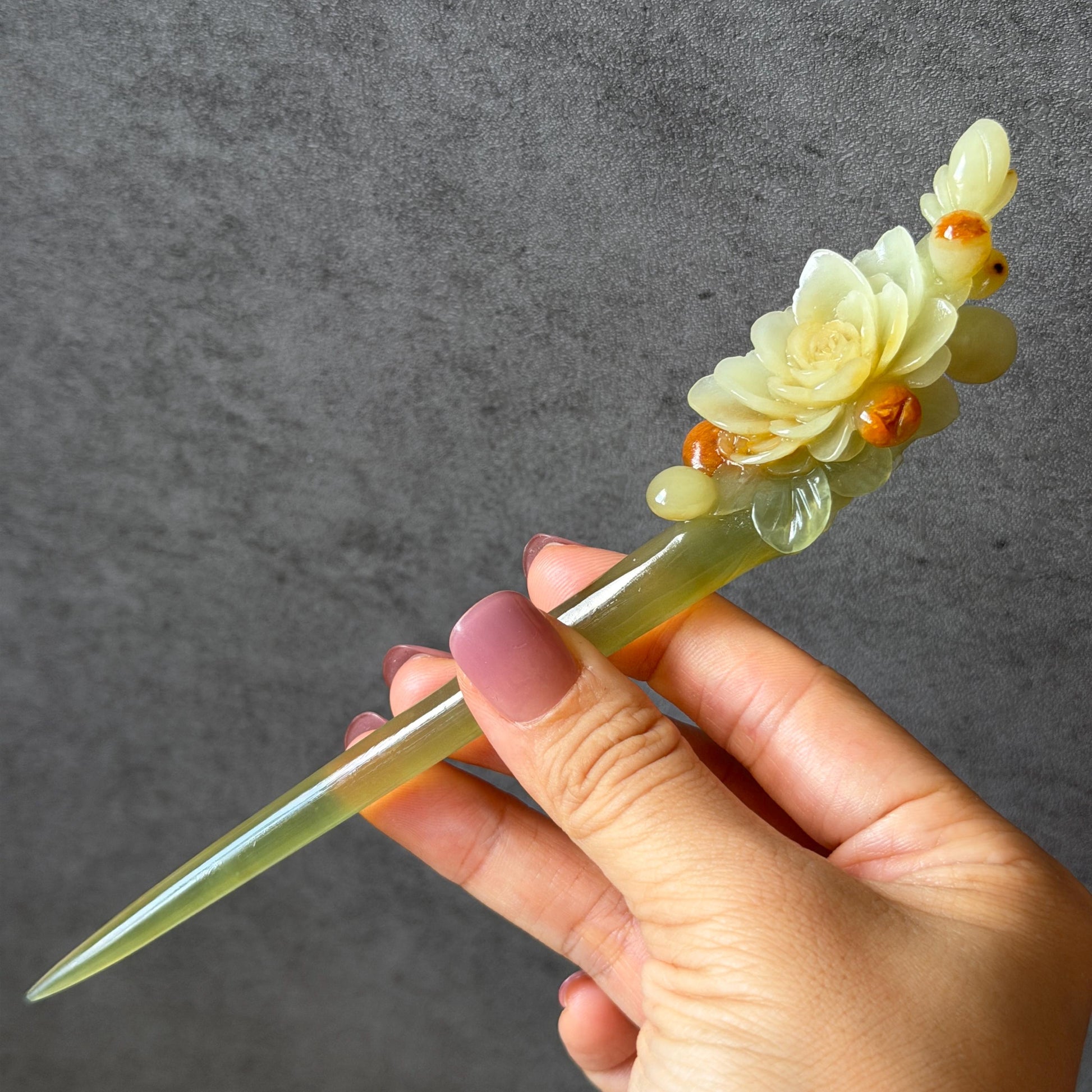 Xiu Jade Hand Carved Camellia Flower Hair Pin: Certified Natural Serpentine Multicolor Orange White Green Jade Handcrafted Hair Stick | Asian Vintage Hair Fork 3D stone carving Hair Jewelry | Chinese Hanfu Hair Fork gift for her green jade carving white jade orange jade flower carving camellia carving hand engraved hairpins japanese hair stick korean hair pins hair fork hair comb antique hairpins wedding headpiece engagement hair jewelry bridal shower gift bridal hair accessory  asian hair crown