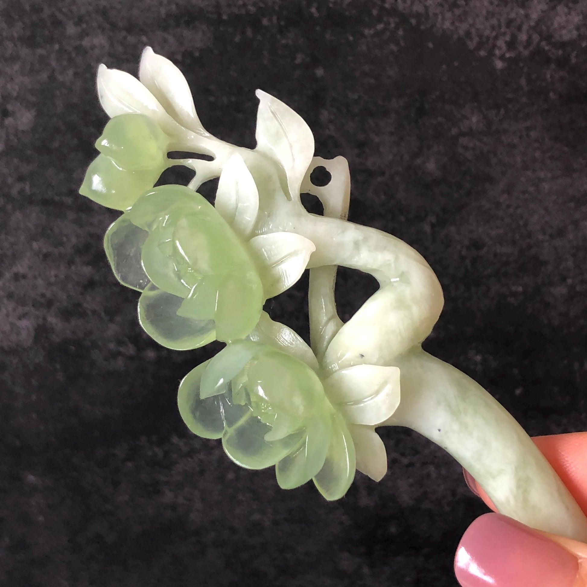 Xiu Jade Peach Blossom Flower Hand Carved Hair Pin: Certificate Natural Serpentine White Green Jade Handcrafted Hanfu Hair Stick Gift for her Bridal Shower gift bridal hair clip wedding headpiece wedding hair jewelry bridal hair accessories green jade carving white jade hand engraved flower hair stick japanese hairpins korean hair stick chinese hair comb vintage hair pins antique hair fork hanfu hair pins certified untreated jade 3D stone carving hair claws hair crown
