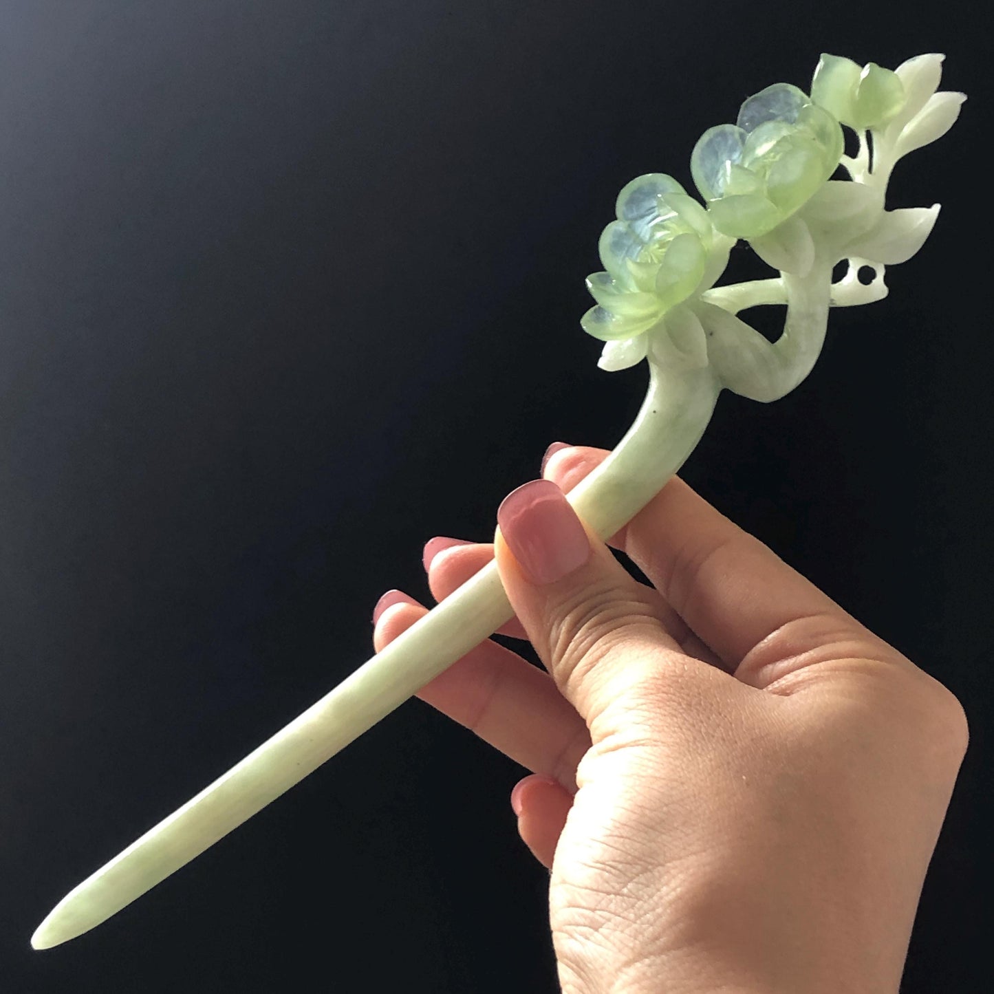 Xiu Jade Peach Blossom Flower Hand Carved Hair Pin: Certificate Natural Serpentine White Green Jade Handcrafted Hanfu Hair Stick Gift for her Bridal Shower gift bridal hair clip wedding headpiece wedding hair jewelry bridal hair accessories green jade carving white jade hand engraved flower hair stick japanese hairpins korean hair stick chinese hair comb vintage hair pins antique hair fork hanfu hair pins certified untreated jade 3D stone carving hair claws hair crown