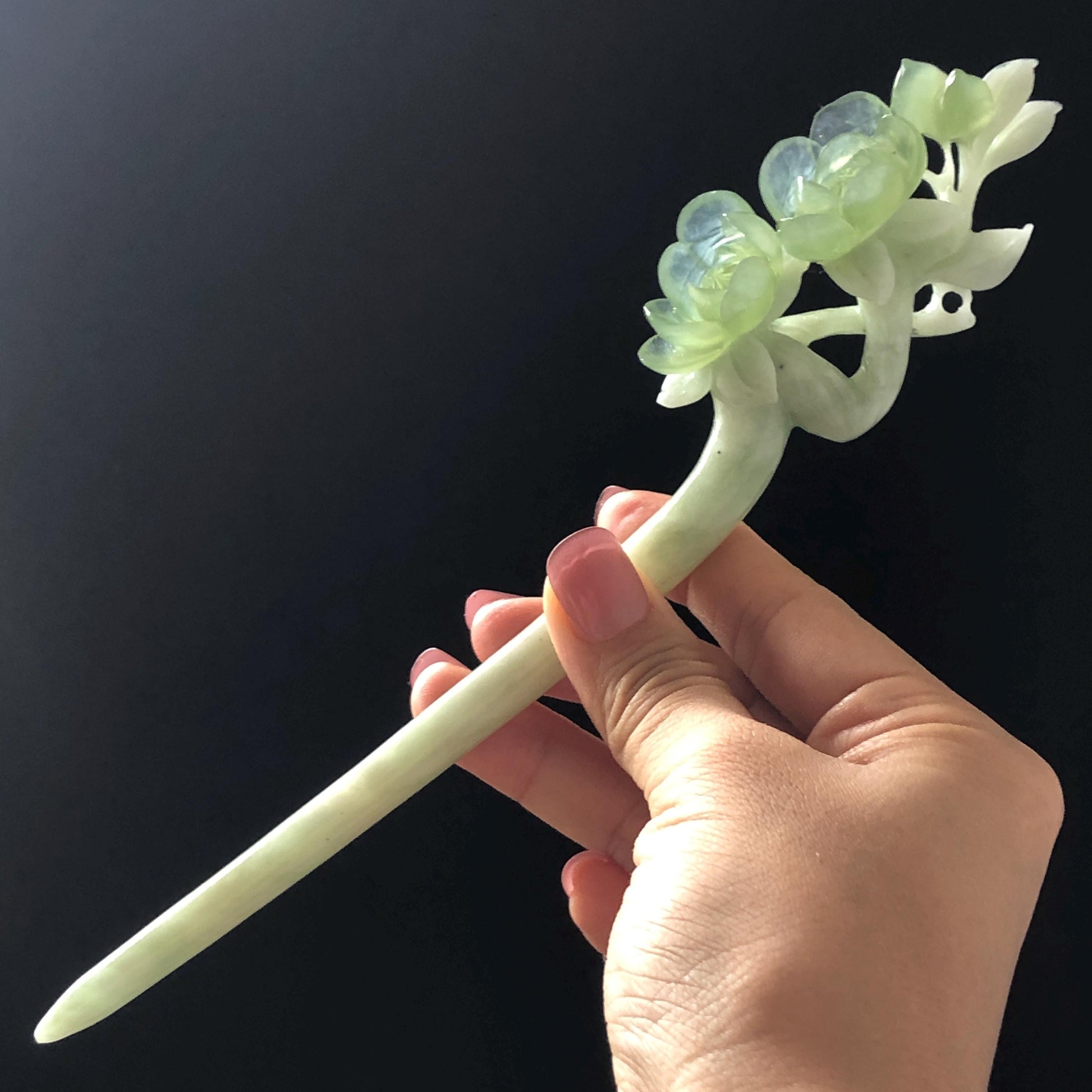 Xiu Jade Peach Blossom Flower Hand Carved Hair Pin: Certificate Natural Serpentine White Green Jade Handcrafted Hanfu Hair Stick Gift for her Bridal Shower gift bridal hair clip wedding headpiece wedding hair jewelry bridal hair accessories green jade carving white jade hand engraved flower hair stick japanese hairpins korean hair stick chinese hair comb vintage hair pins antique hair fork hanfu hair pins certified untreated jade 3D stone carving hair claws hair crown