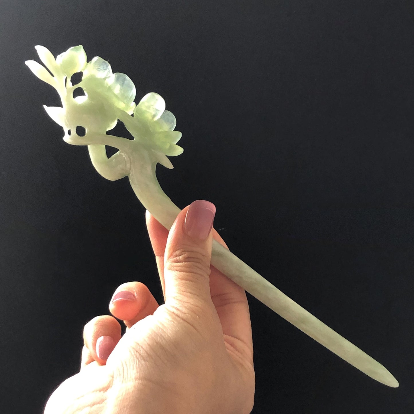 Xiu Jade Peach Blossom Flower Hand Carved Hair Pin: Certificate Natural Serpentine White Green Jade Handcrafted Hanfu Hair Stick Gift for her Bridal Shower gift bridal hair clip wedding headpiece wedding hair jewelry bridal hair accessories green jade carving white jade hand engraved flower hair stick japanese hairpins korean hair stick chinese hair comb vintage hair pins antique hair fork hanfu hair pins certified untreated jade 3D stone carving hair claws hair crown