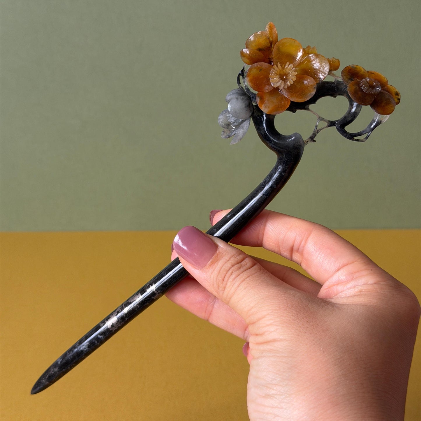 Xiu Jade Plum Blossom Flower Hand Carved Hair Pin: Natural Certified Serpentine Muticolor Black White Yellow Jade Handcrafted Flower Hair Stick | Asian Vintage Hair Fork 3D stone carving Hair Jewelry Chinese Hanfu Hair Fork gift for her yellow jade carving white jade black jade flower carving hand engraved hairpins japanese hair stick korean hair pins hair fork hair comb antique hairpins wedding headpiece engagement hair jewelry bridal shower gift wedding bridal hair accessory asian hair crown