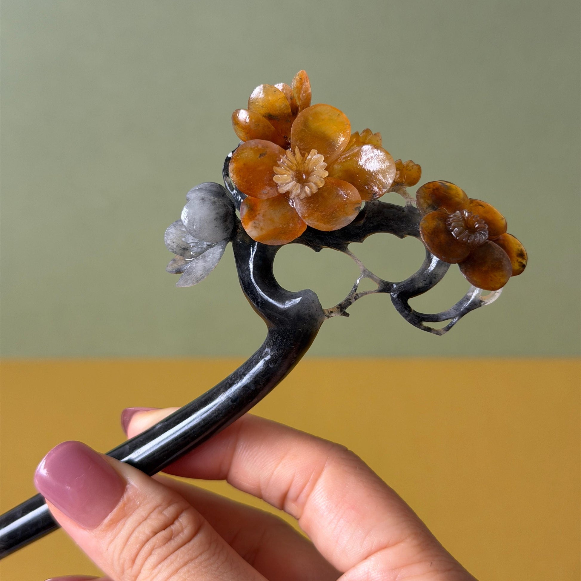 Xiu Jade Plum Blossom Flower Hand Carved Hair Pin: Natural Certified Serpentine Muticolor Black White Yellow Jade Handcrafted Flower Hair Stick | Asian Vintage Hair Fork 3D stone carving Hair Jewelry Chinese Hanfu Hair Fork gift for her yellow jade carving white jade black jade flower carving hand engraved hairpins japanese hair stick korean hair pins hair fork hair comb antique hairpins wedding headpiece engagement hair jewelry bridal shower gift wedding bridal hair accessory asian hair crown