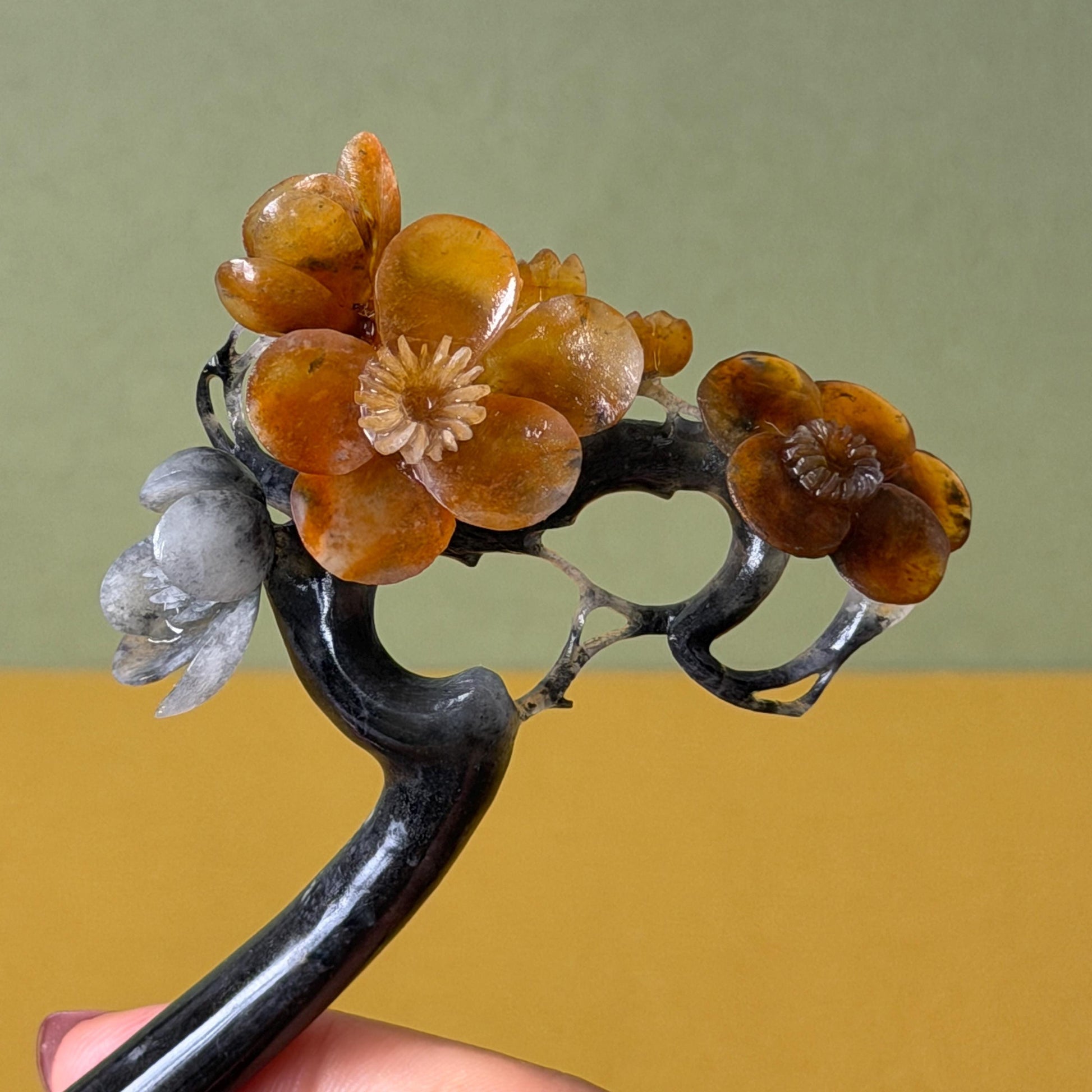 Xiu Jade Plum Blossom Flower Hand Carved Hair Pin: Natural Certified Serpentine Muticolor Black White Yellow Jade Handcrafted Flower Hair Stick | Asian Vintage Hair Fork 3D stone carving Hair Jewelry Chinese Hanfu Hair Fork gift for her yellow jade carving white jade black jade flower carving hand engraved hairpins japanese hair stick korean hair pins hair fork hair comb antique hairpins wedding headpiece engagement hair jewelry bridal shower gift wedding bridal hair accessory asian hair crown