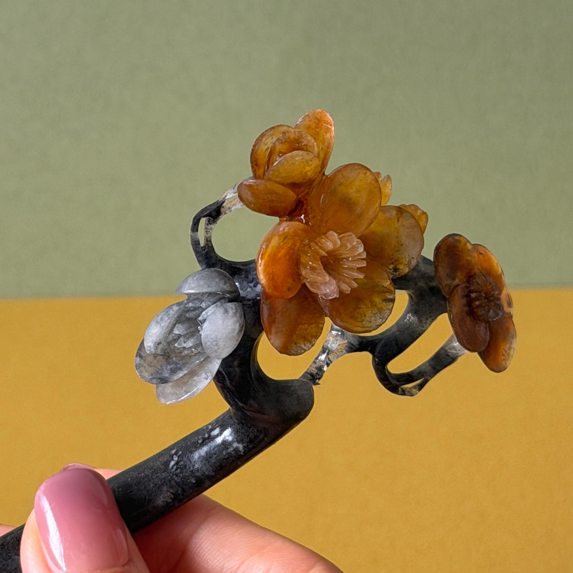 Xiu Jade Plum Blossom Flower Hand Carved Hair Pin: Natural Certified Serpentine Muticolor Black White Yellow Jade Handcrafted Flower Hair Stick | Asian Vintage Hair Fork 3D stone carving Hair Jewelry Chinese Hanfu Hair Fork gift for her yellow jade carving white jade black jade flower carving hand engraved hairpins japanese hair stick korean hair pins hair fork hair comb antique hairpins wedding headpiece engagement hair jewelry bridal shower gift wedding bridal hair accessory asian hair crown