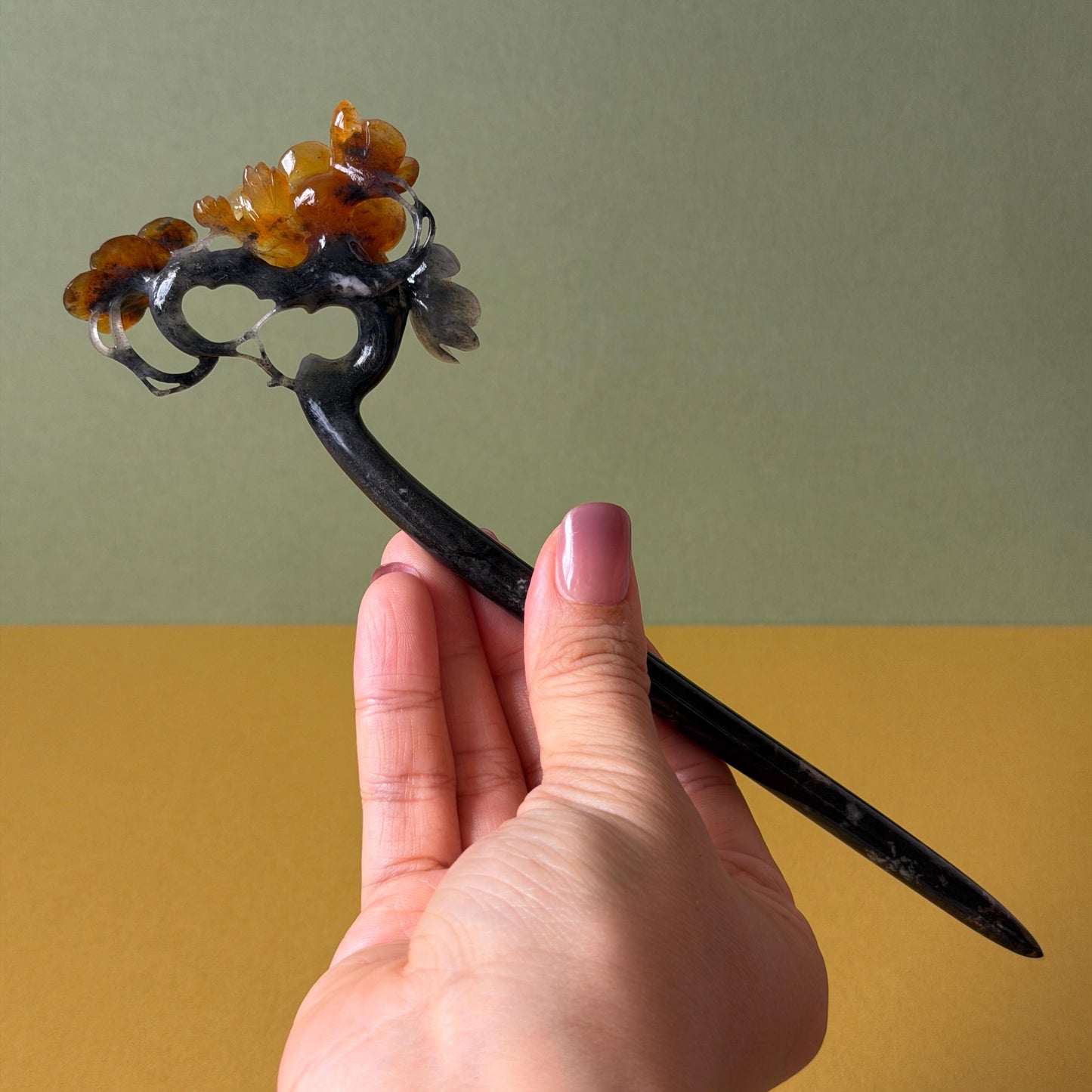 Xiu Jade Plum Blossom Flower Hand Carved Hair Pin: Natural Certified Serpentine Muticolor Black White Yellow Jade Handcrafted Flower Hair Stick | Asian Vintage Hair Fork 3D stone carving Hair Jewelry Chinese Hanfu Hair Fork gift for her yellow jade carving white jade black jade flower carving hand engraved hairpins japanese hair stick korean hair pins hair fork hair comb antique hairpins wedding headpiece engagement hair jewelry bridal shower gift wedding bridal hair accessory asian hair crown