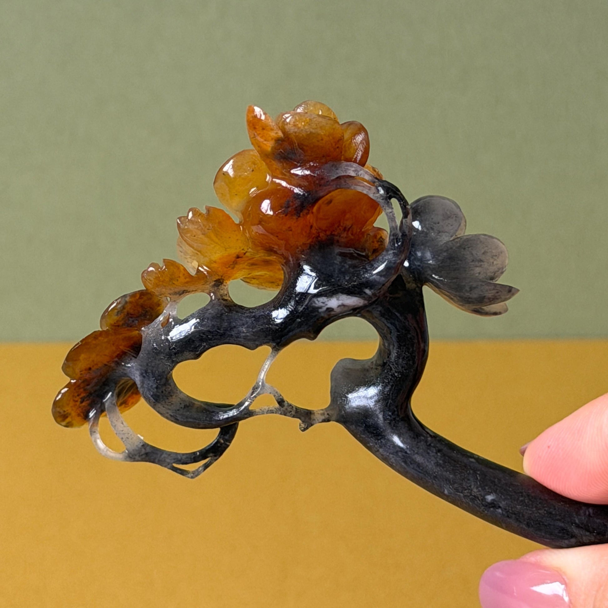Xiu Jade Plum Blossom Flower Hand Carved Hair Pin: Natural Certified Serpentine Muticolor Black White Yellow Jade Handcrafted Flower Hair Stick | Asian Vintage Hair Fork 3D stone carving Hair Jewelry Chinese Hanfu Hair Fork gift for her yellow jade carving white jade black jade flower carving hand engraved hairpins japanese hair stick korean hair pins hair fork hair comb antique hairpins wedding headpiece engagement hair jewelry bridal shower gift wedding bridal hair accessory asian hair crown