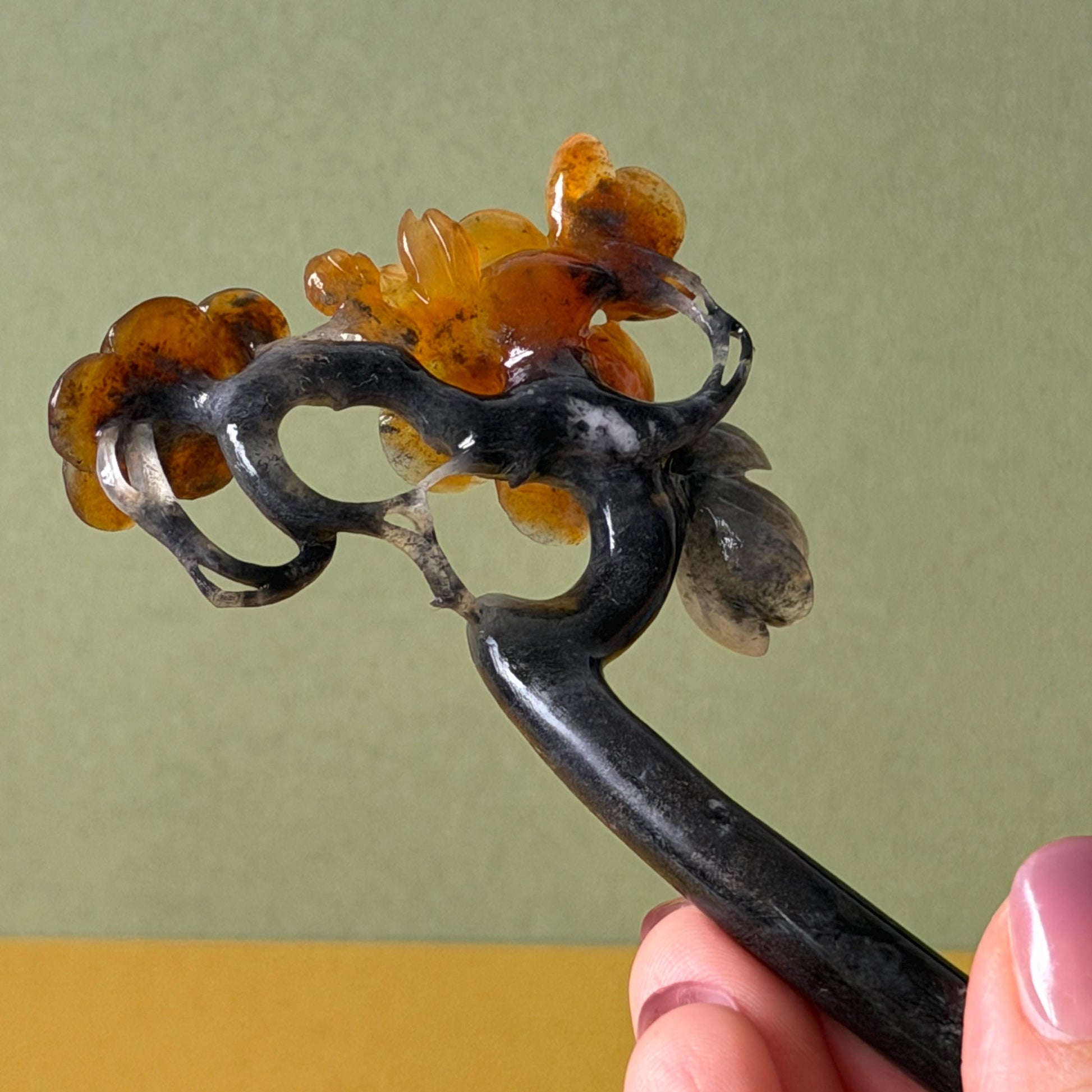 Xiu Jade Plum Blossom Flower Hand Carved Hair Pin: Natural Certified Serpentine Muticolor Black White Yellow Jade Handcrafted Flower Hair Stick | Asian Vintage Hair Fork 3D stone carving Hair Jewelry Chinese Hanfu Hair Fork gift for her yellow jade carving white jade black jade flower carving hand engraved hairpins japanese hair stick korean hair pins hair fork hair comb antique hairpins wedding headpiece engagement hair jewelry bridal shower gift wedding bridal hair accessory asian hair crown