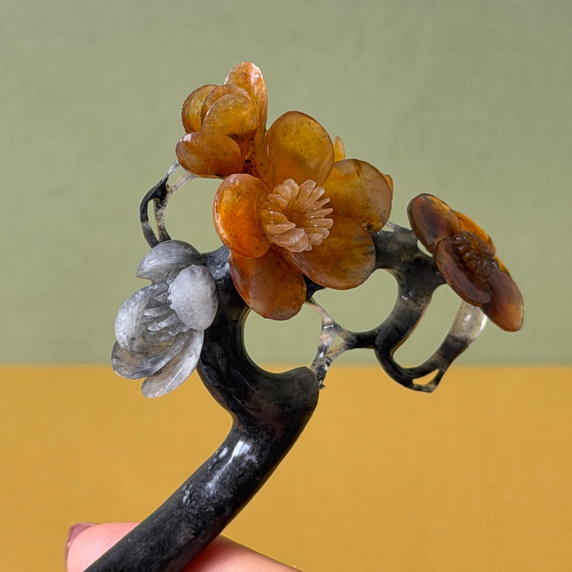 Xiu Jade Plum Blossom Flower Hand Carved Hair Pin: Natural Certified Serpentine Muticolor Black White Yellow Jade Handcrafted Flower Hair Stick | Asian Vintage Hair Fork 3D stone carving Hair Jewelry Chinese Hanfu Hair Fork gift for her yellow jade carving white jade black jade flower carving hand engraved hairpins japanese hair stick korean hair pins hair fork hair comb antique hairpins wedding headpiece engagement hair jewelry bridal shower gift wedding bridal hair accessory asian hair crown