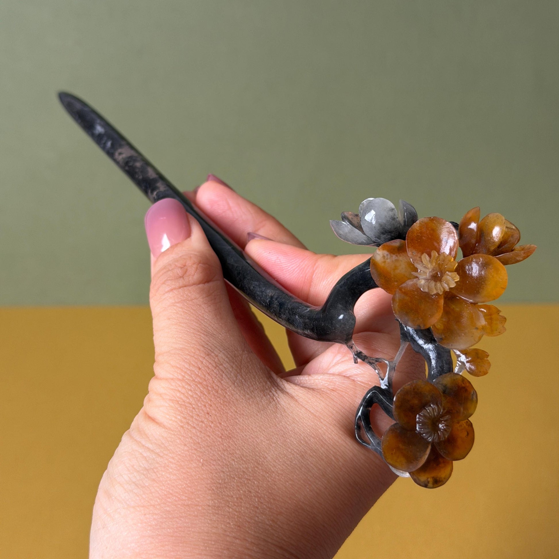Xiu Jade Plum Blossom Flower Hand Carved Hair Pin: Natural Certified Serpentine Muticolor Black White Yellow Jade Handcrafted Flower Hair Stick | Asian Vintage Hair Fork 3D stone carving Hair Jewelry Chinese Hanfu Hair Fork gift for her yellow jade carving white jade black jade flower carving hand engraved hairpins japanese hair stick korean hair pins hair fork hair comb antique hairpins wedding headpiece engagement hair jewelry bridal shower gift wedding bridal hair accessory asian hair crown