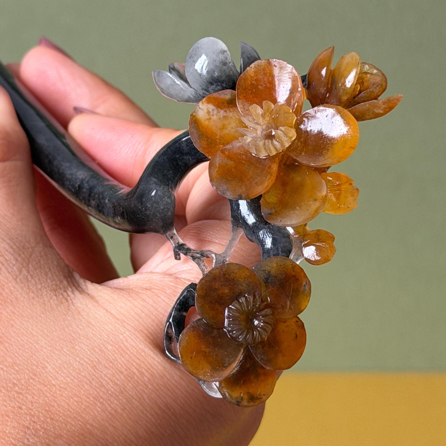 Xiu Jade Plum Blossom Flower Hand Carved Hair Pin: Natural Certified Serpentine Muticolor Black White Yellow Jade Handcrafted Flower Hair Stick | Asian Vintage Hair Fork 3D stone carving Hair Jewelry Chinese Hanfu Hair Fork gift for her yellow jade carving white jade black jade flower carving hand engraved hairpins japanese hair stick korean hair pins hair fork hair comb antique hairpins wedding headpiece engagement hair jewelry bridal shower gift wedding bridal hair accessory asian hair crown