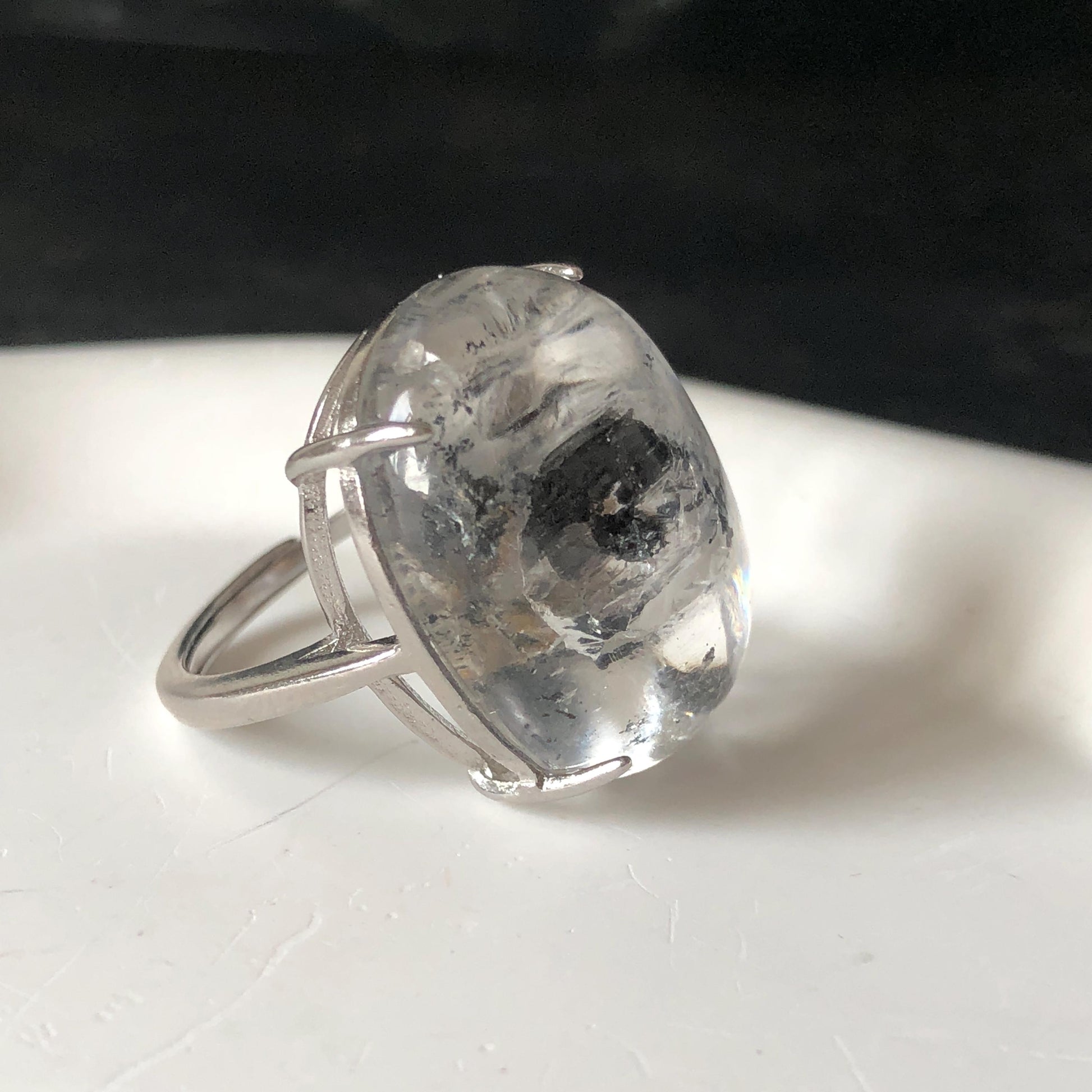 Enhydro Quartz (Herkimer Diamond) S925 Silver Adjustable Ring: Rare Moving Black Tourmaline flakes Inclusion Polished Crystal men Statement Ring for Women ring crystal band ring crystal cocktail ring crystal stackable ring 7 chakra crystal ring meditation crystal healing stone birthstone silver ring ring for men rainbow quartz minerals specimen inclusion quartz tourmaline inclusion quick sand inclusion water inclusion cocktail ring stackable ring enhydro crystal ring untreated crystal