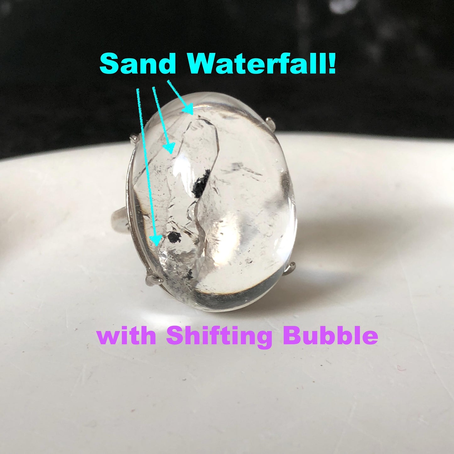 Enhydro Quartz (Herkimer Diamond) S925 Silver Adjustable Ring: Moving Sand Waterfall and Shifting Bubble Inclusion Polished Crystal Statement Ring for Women ring band ring cocktail ring crystal stackable ring 7 chakra crystal ring meditation crystal healing stone birthstone silver ring ring for men rainbow quartz inclusion quartz inclusion crystal minerals specimen silver ring free size ring adjustable ring holder rain quartz enhydro crystal inclusion crystal inclusion quartz